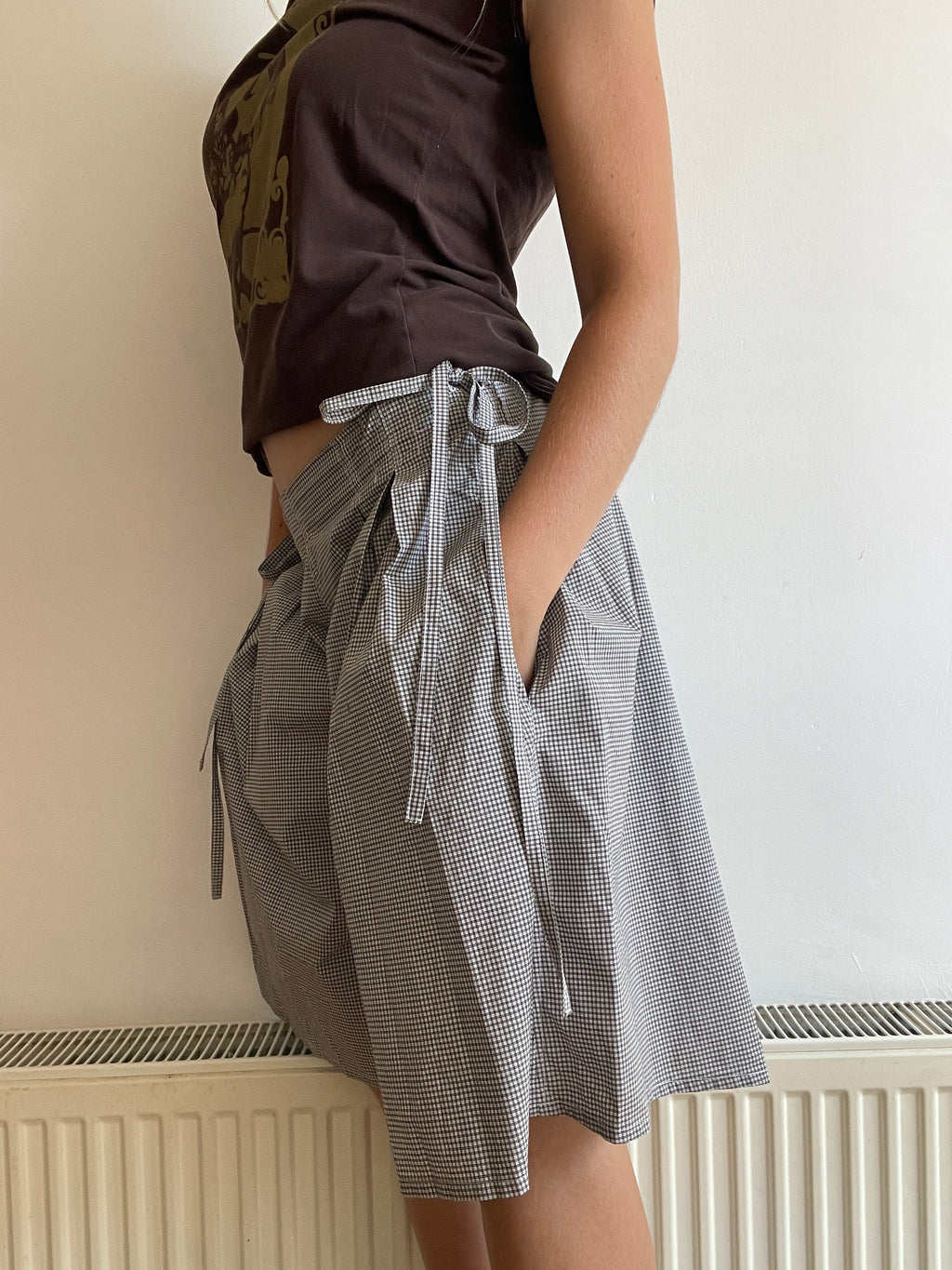handmade pleated grey black check baggy shorts with pockets
