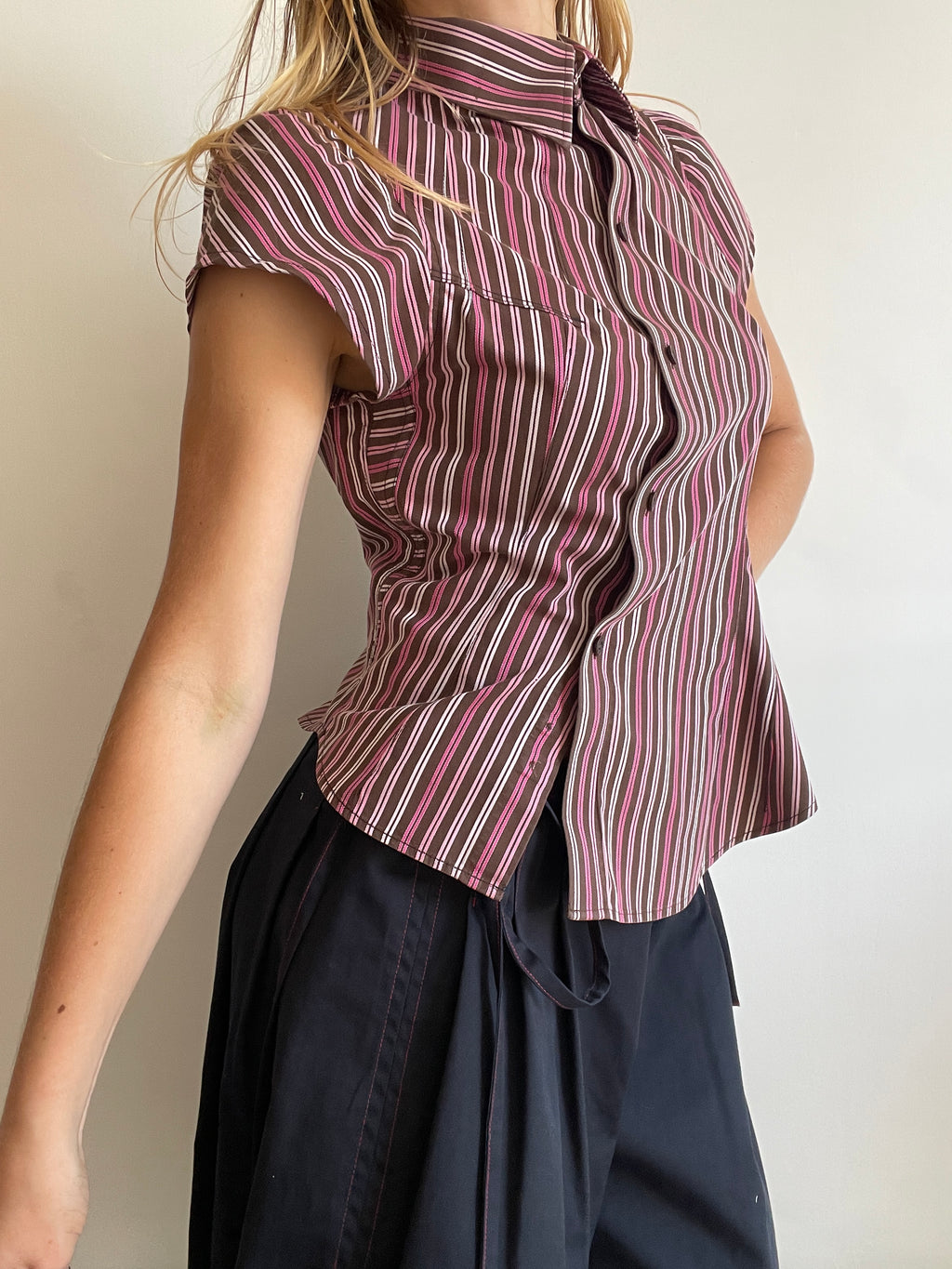 reworked asymetrical button up striped fitted shirt