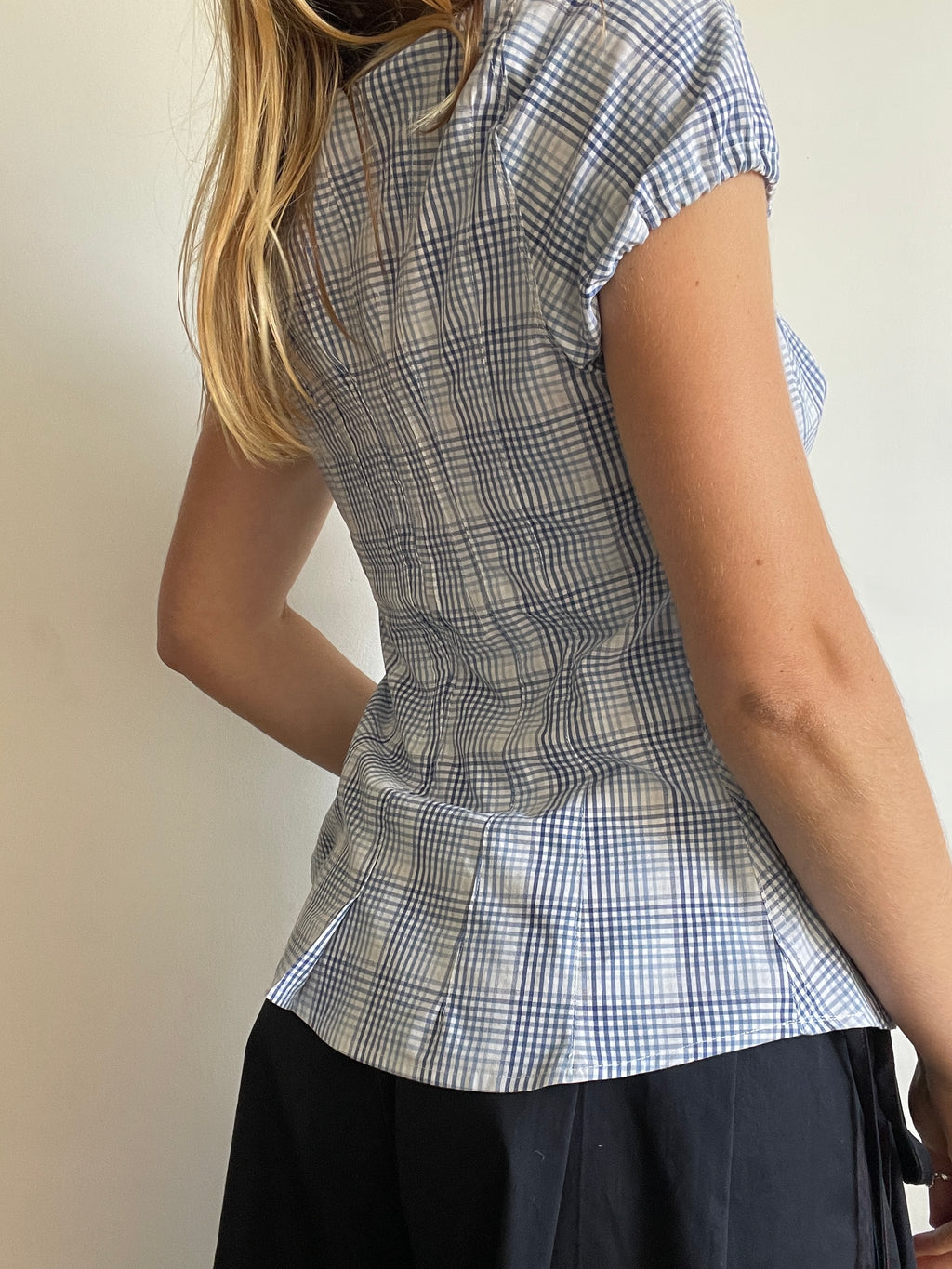 reworked blue check puff sleeve asymetrical shirt