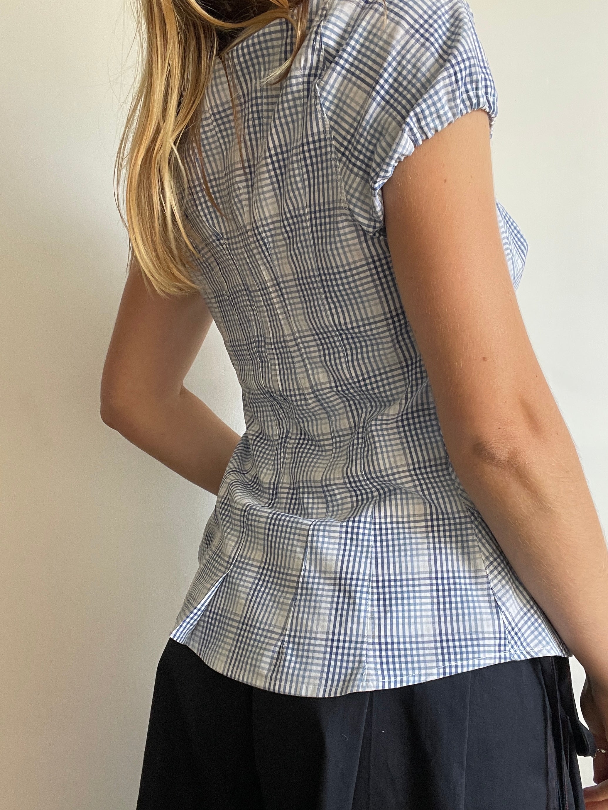 reworked blue check puff sleeve asymetrical shirt
