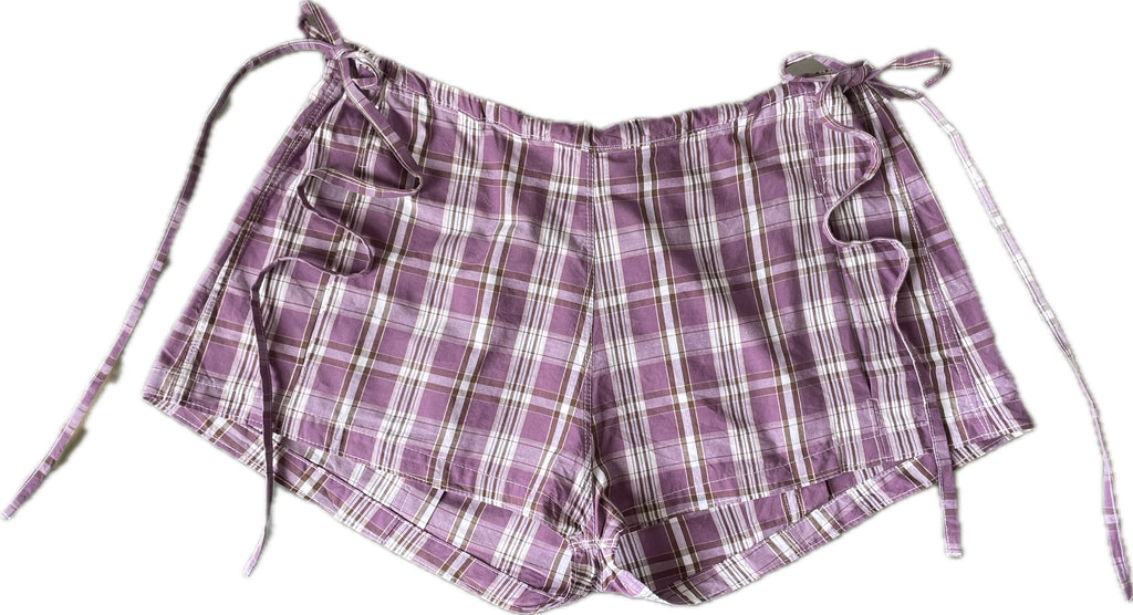 handmade tartan shorts with ties in vintage purple check fabric