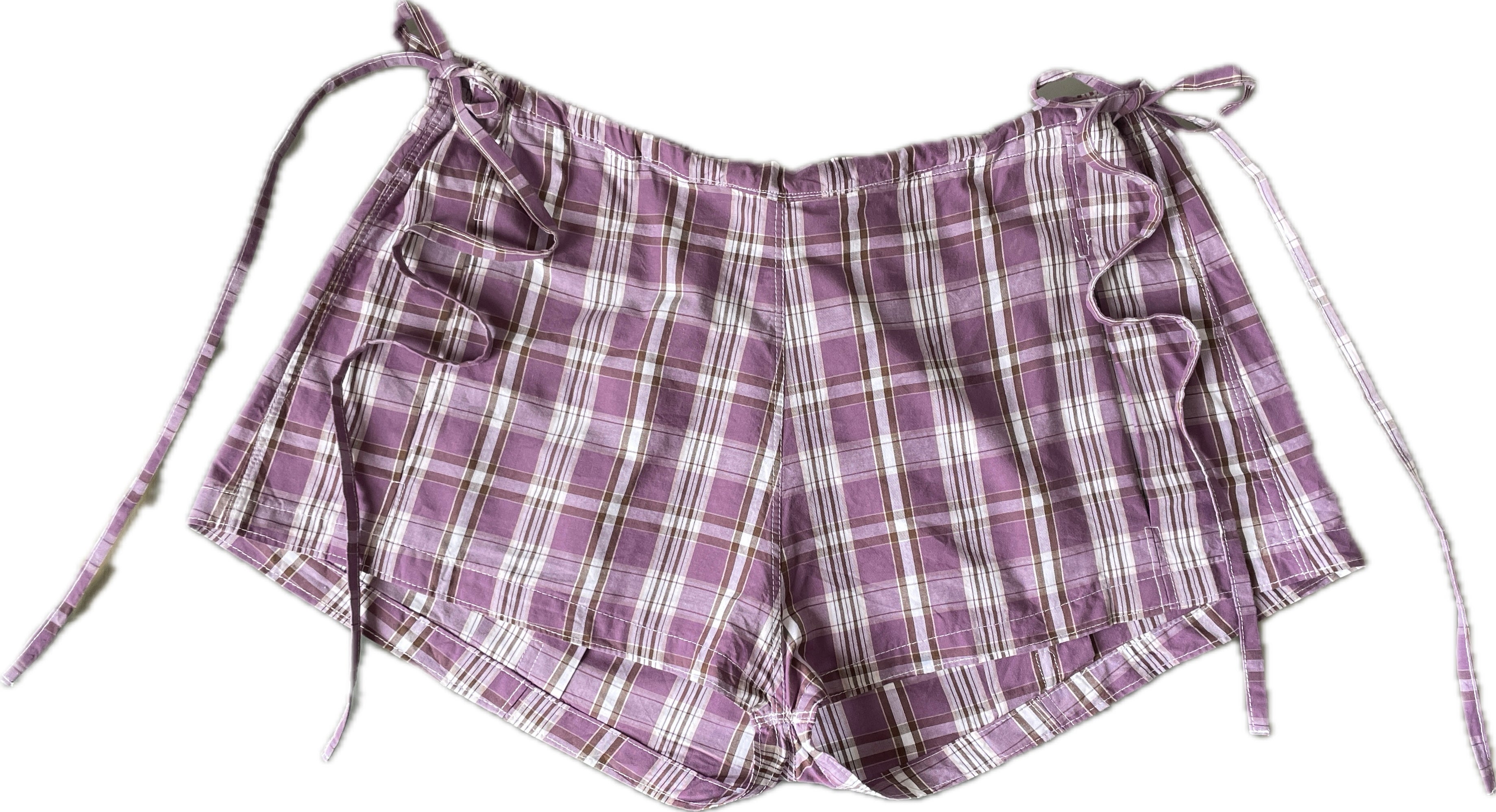 handmade tartan shorts with ties in vintage purple check fabric