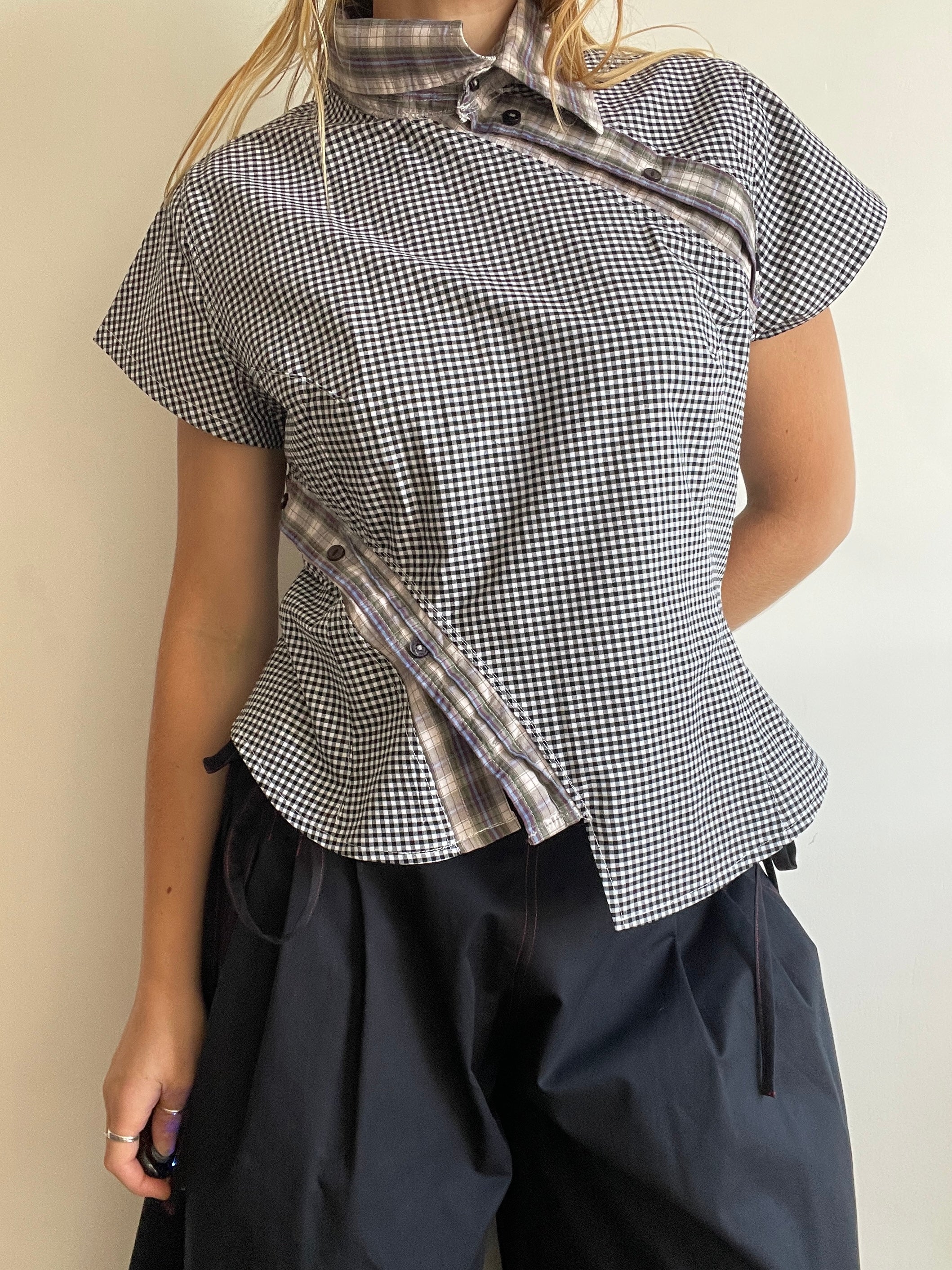 reworked double button up asymetrical fitted shirt
