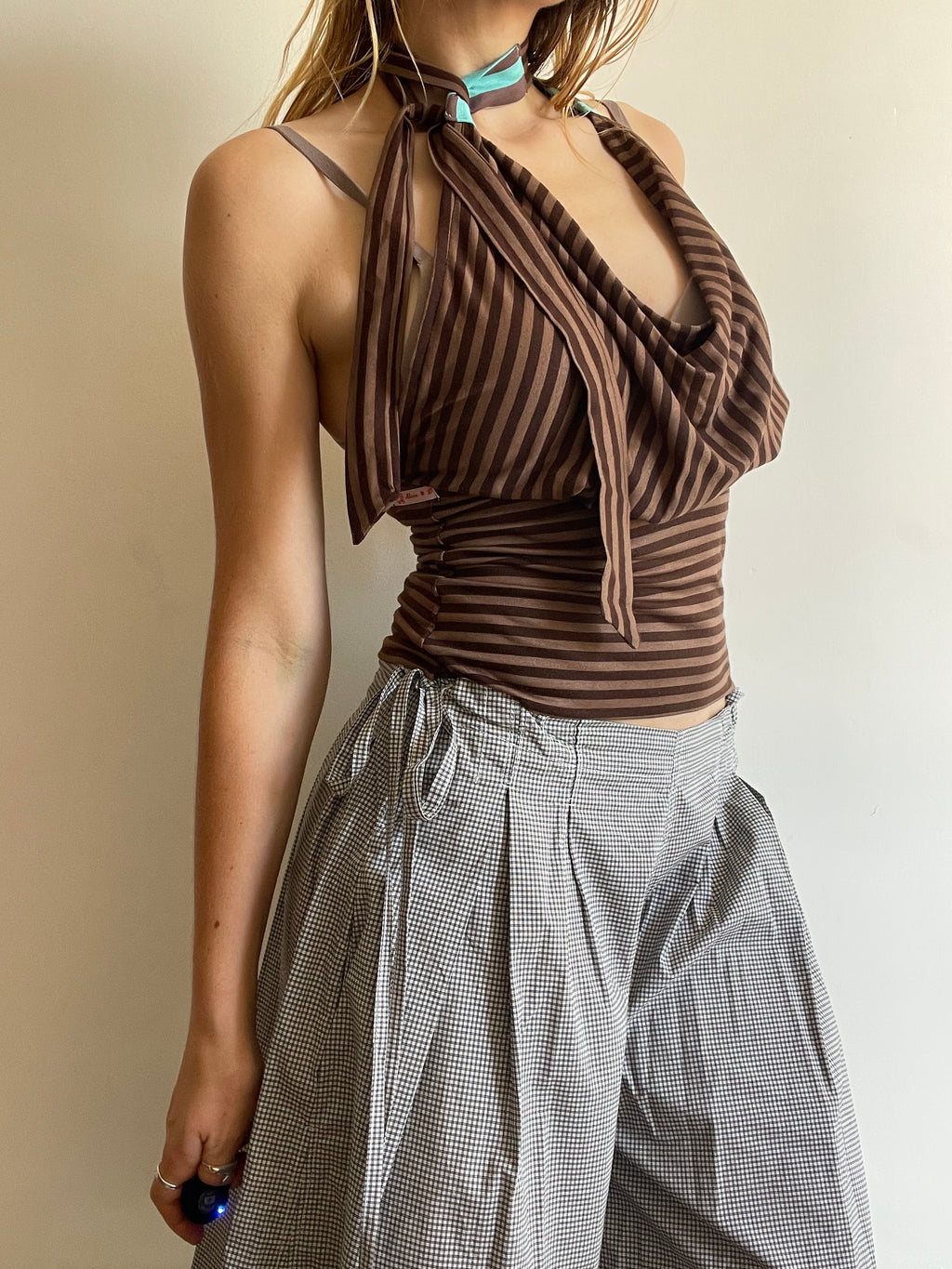 handmade brown stripe halterneck/ cowl neck with adjustable neck tie