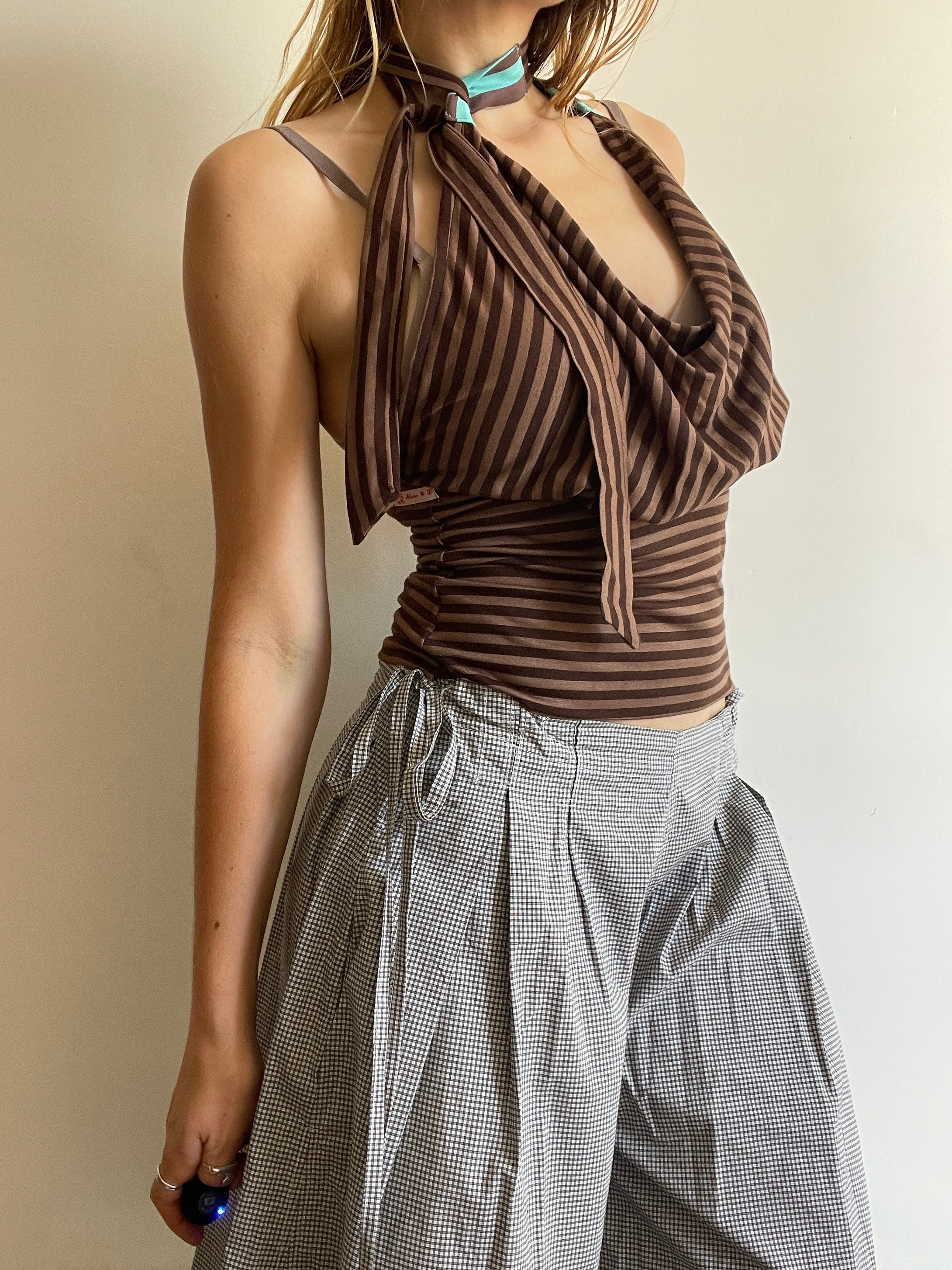 handmade brown stripe halterneck/ cowl neck with adjustable neck tie