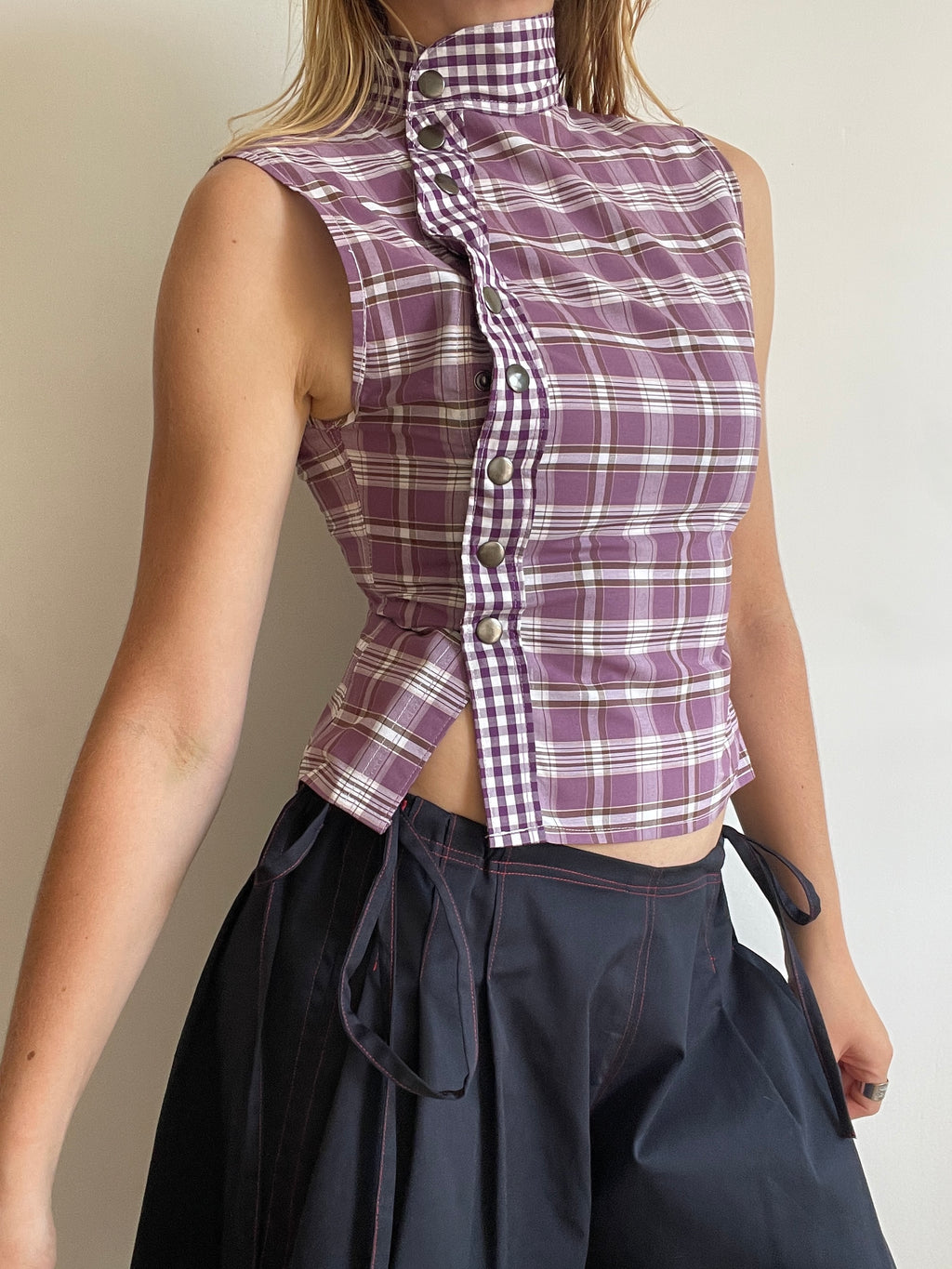 handmade purple tartan silver button up tank top