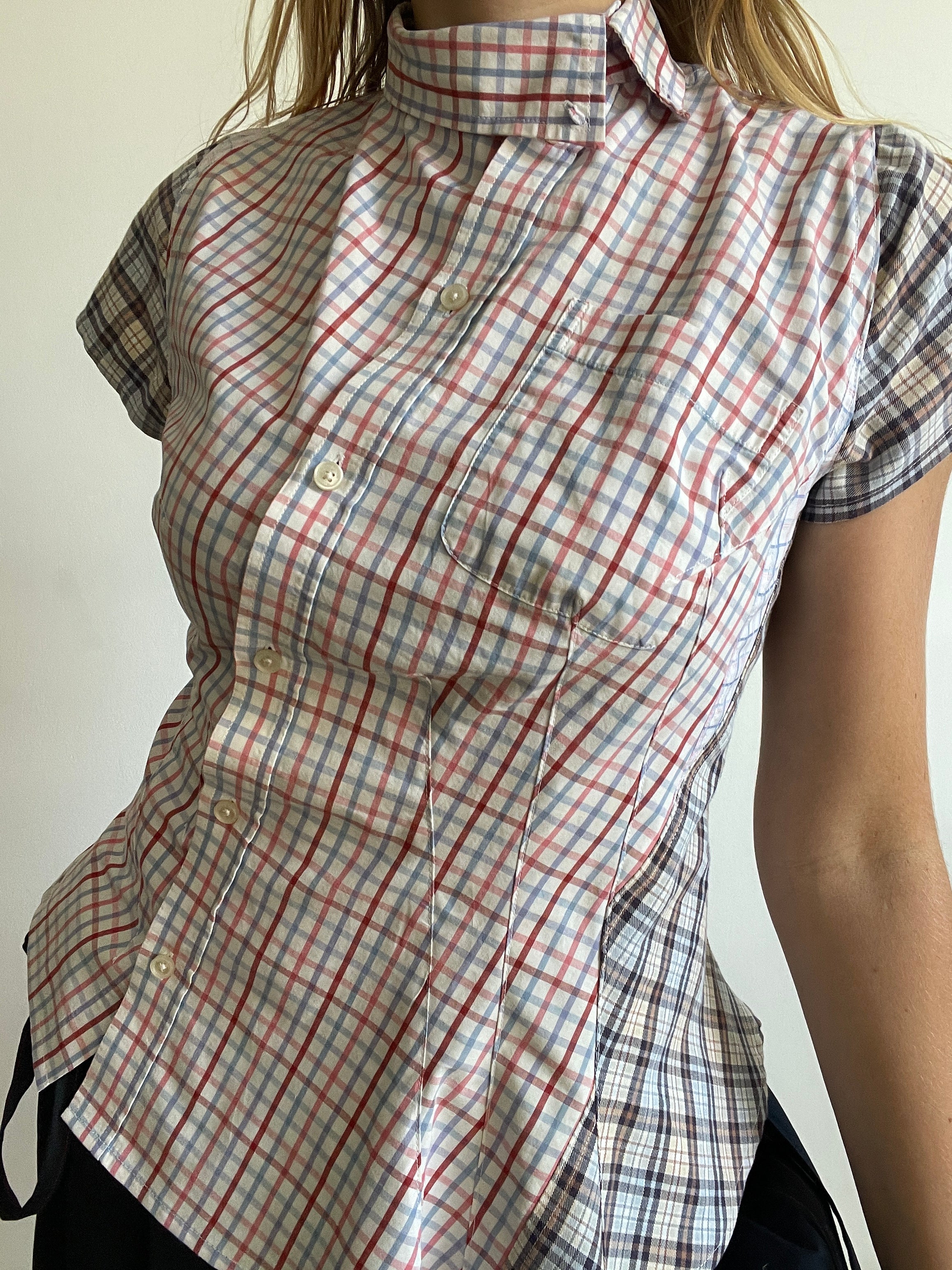 reworked patchwork check print fitted asymmetrical blouse
