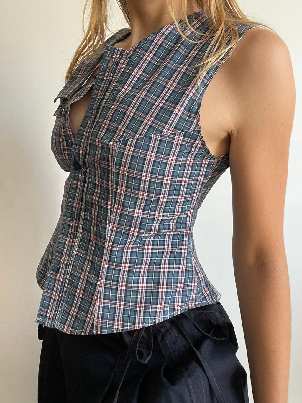 reworked one shoulder check button up tank with removable collar strap