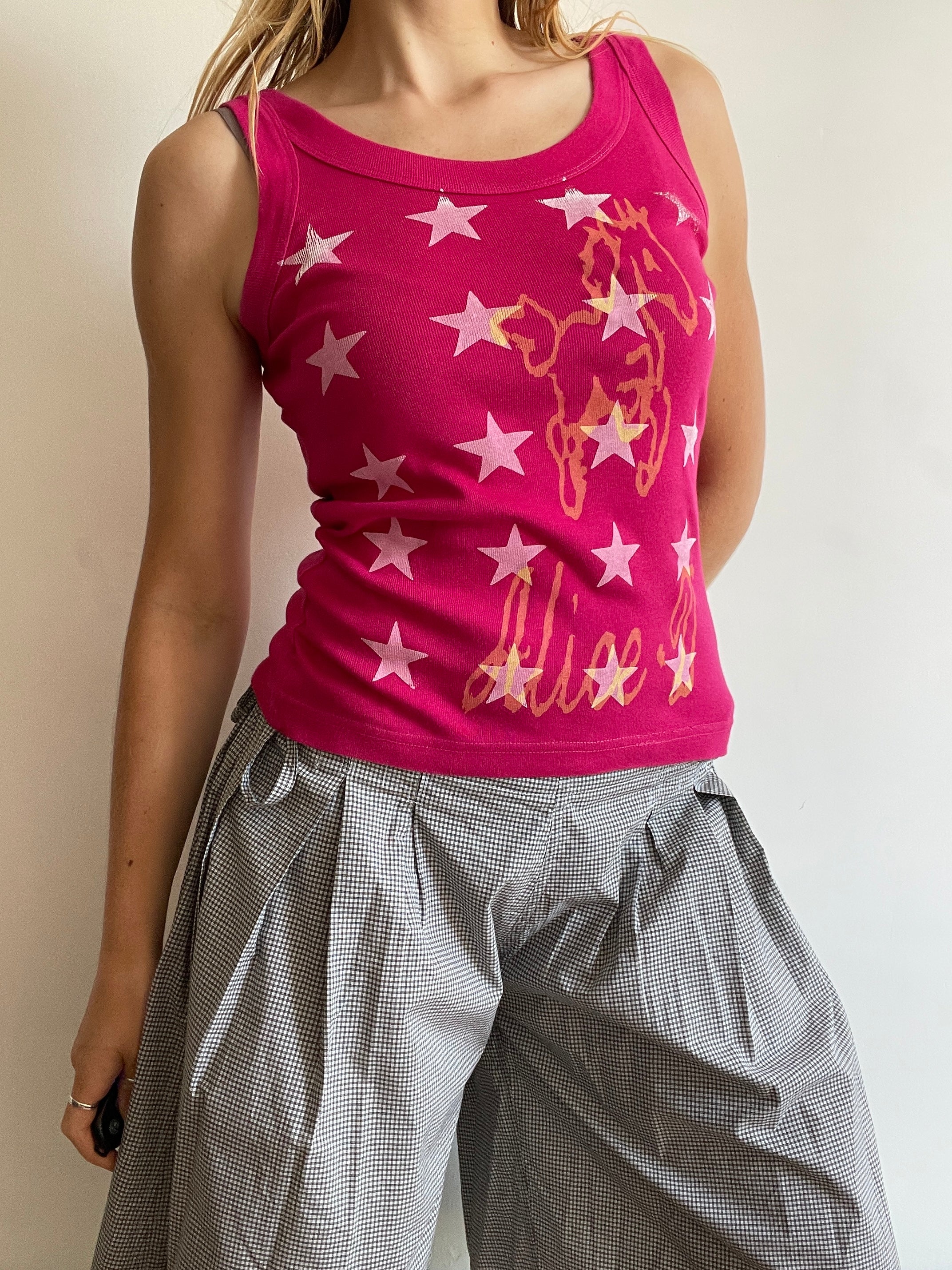 handmade screen printed star horse graphic tank top in pink