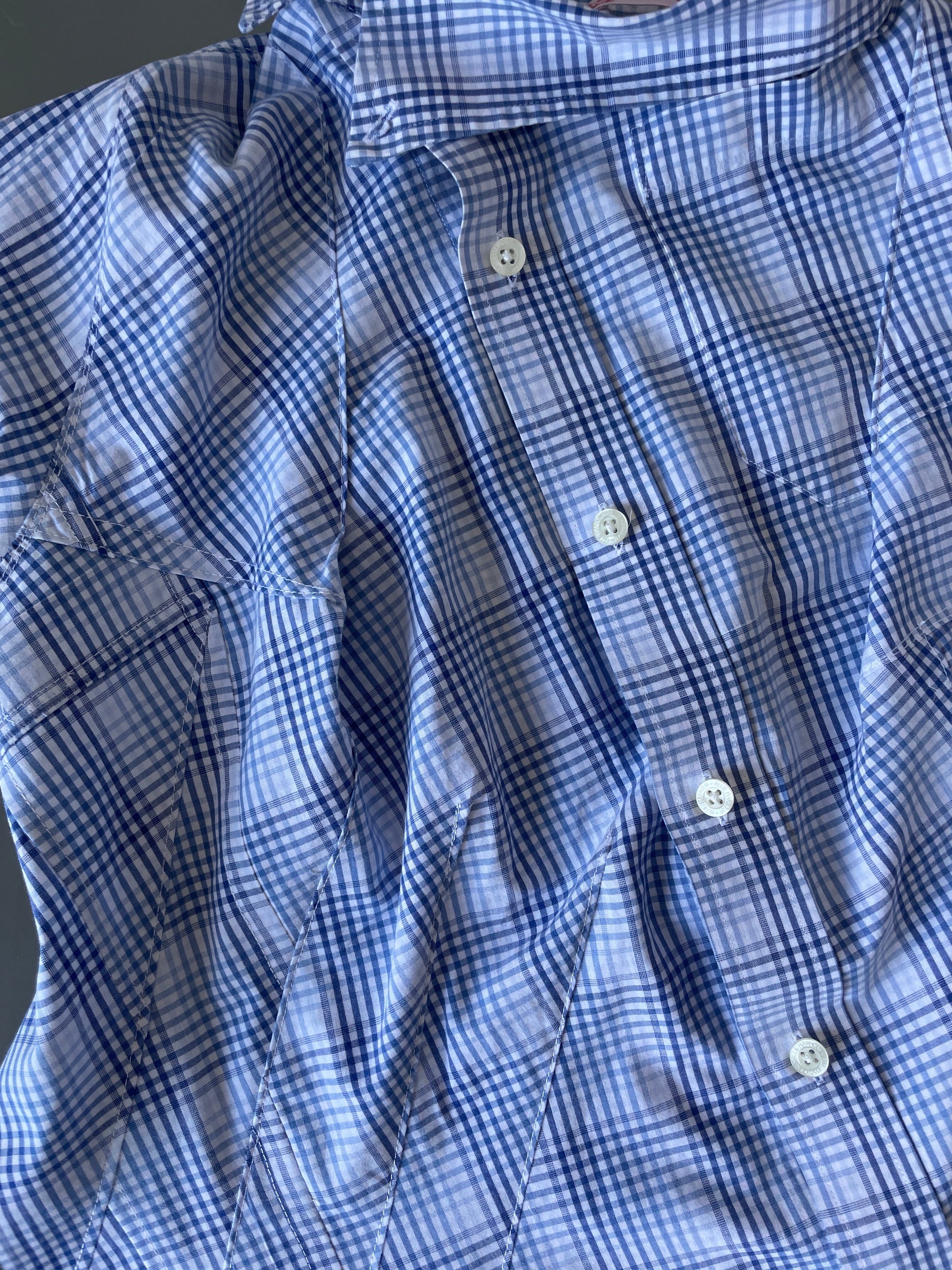 reworked blue check puff sleeve asymetrical shirt
