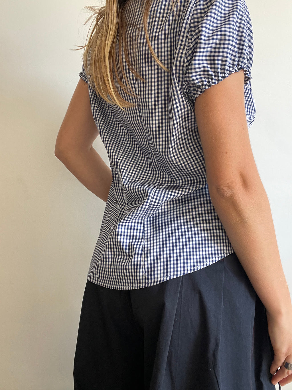 reworked asymetrical blue white gingham button up shirt
