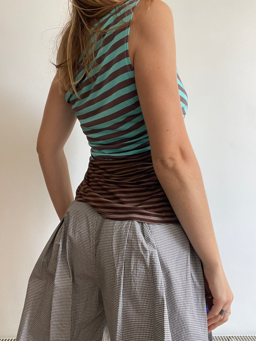 handmade mint brown stripe one shoulder tie top