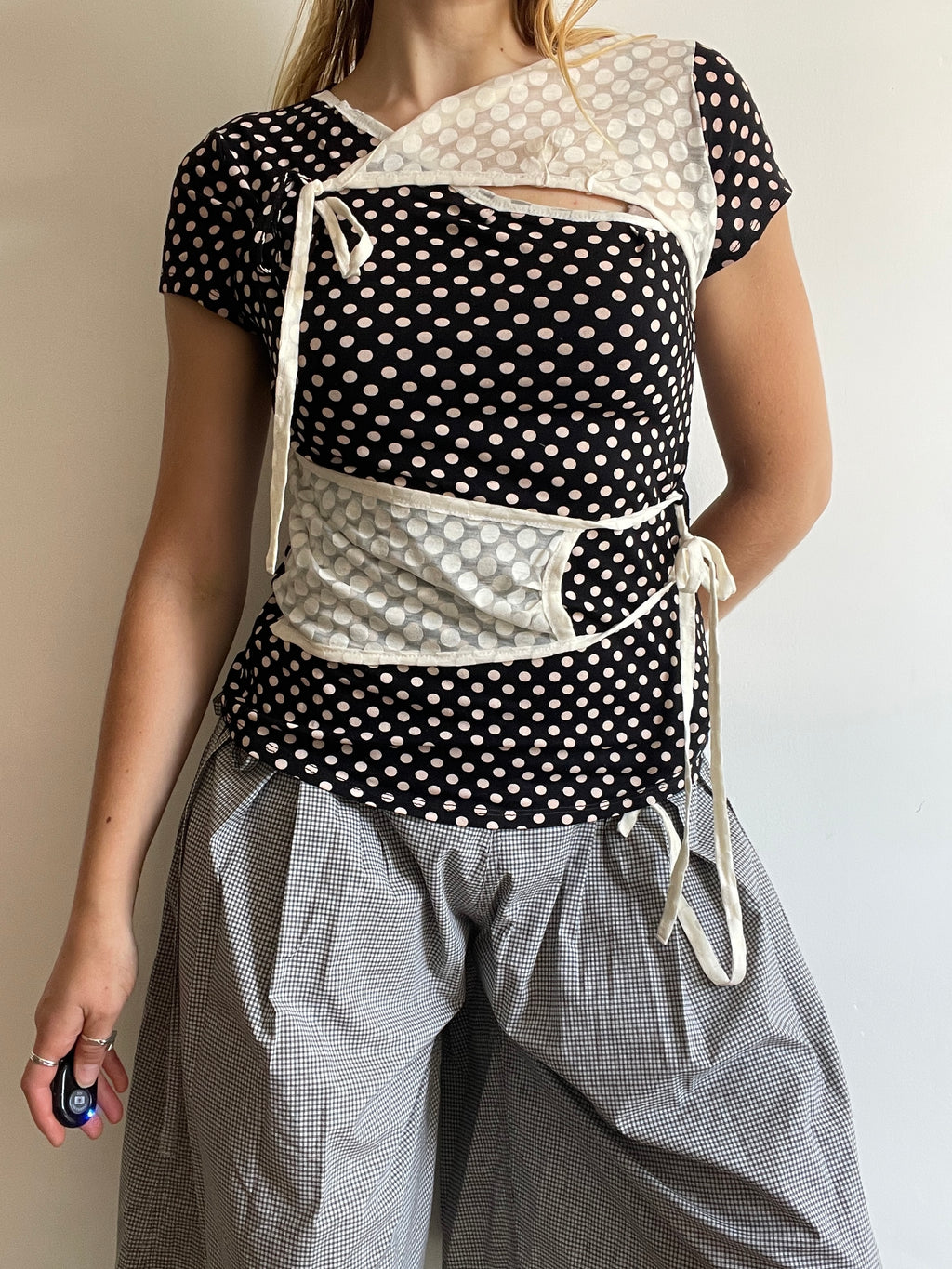 handmade ballet style tie up contrast polka monochrome t shirt