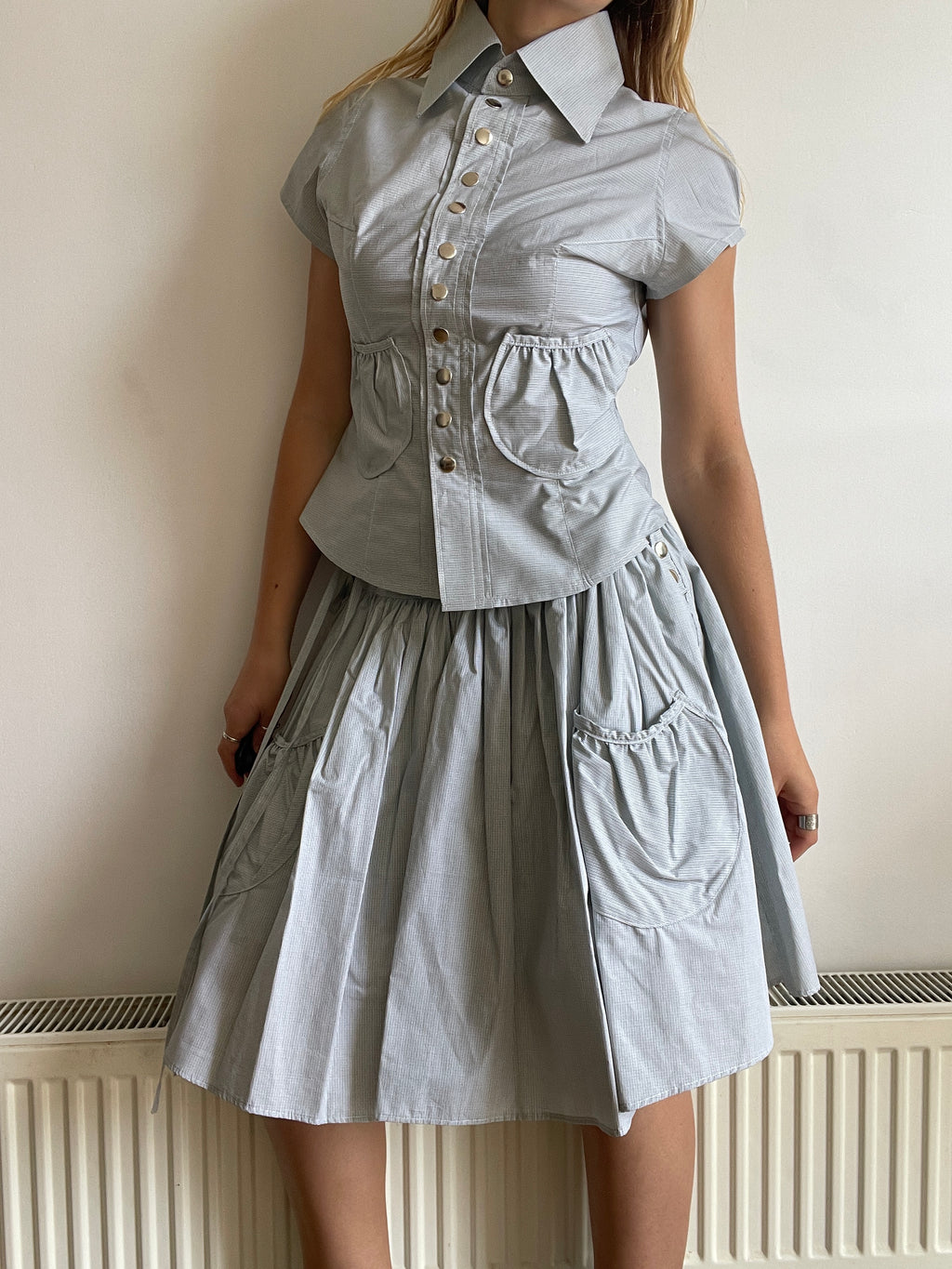 handmade matching set swishy asymmetrical skirt and pocket blouse