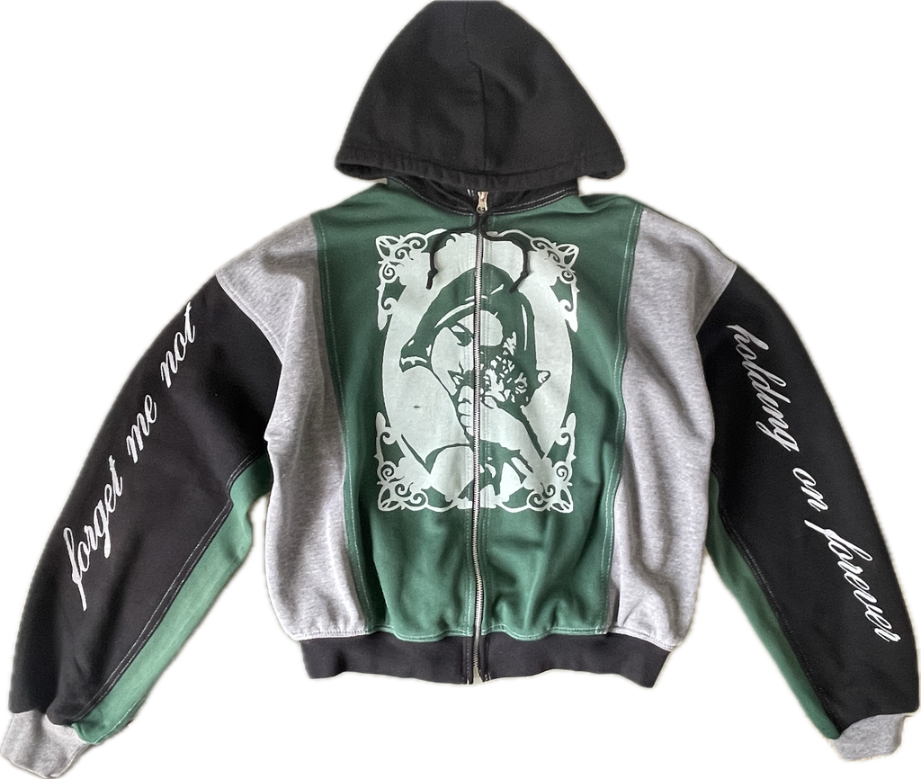 screen printed panelled cat girl zip up hoodie