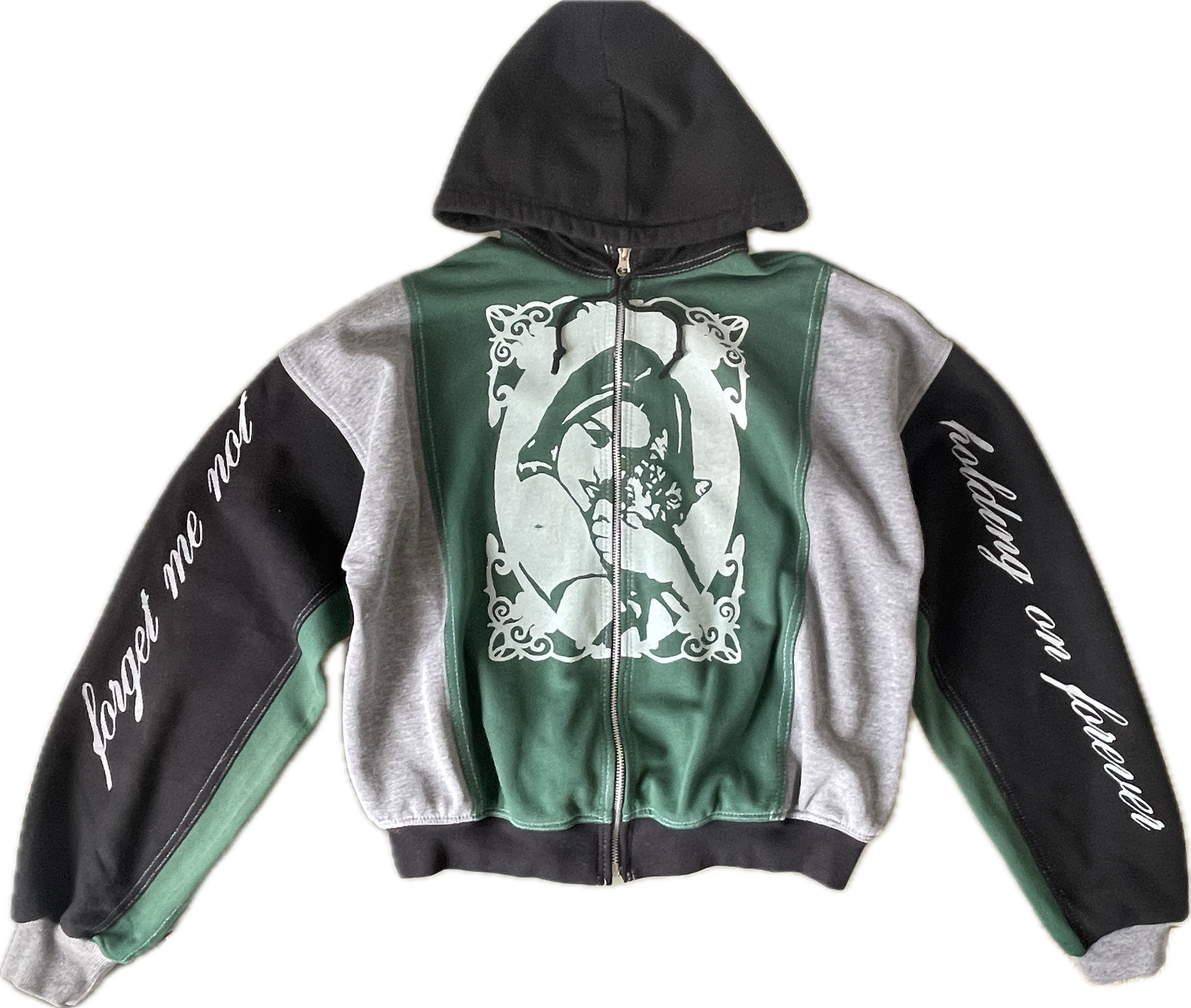 screen printed panelled cat girl zip up hoodie