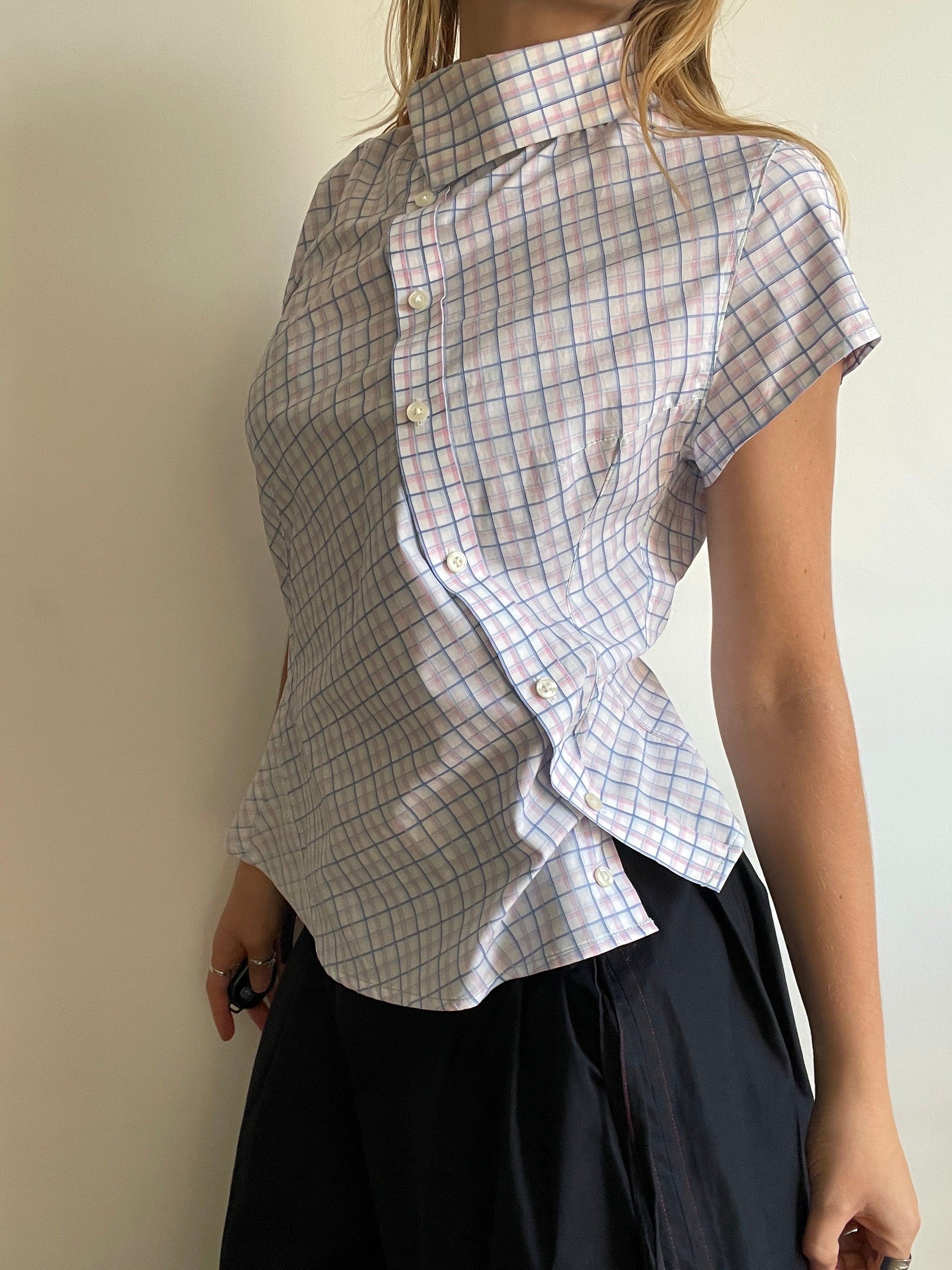 reworked pastel button up asymetrical shirt
