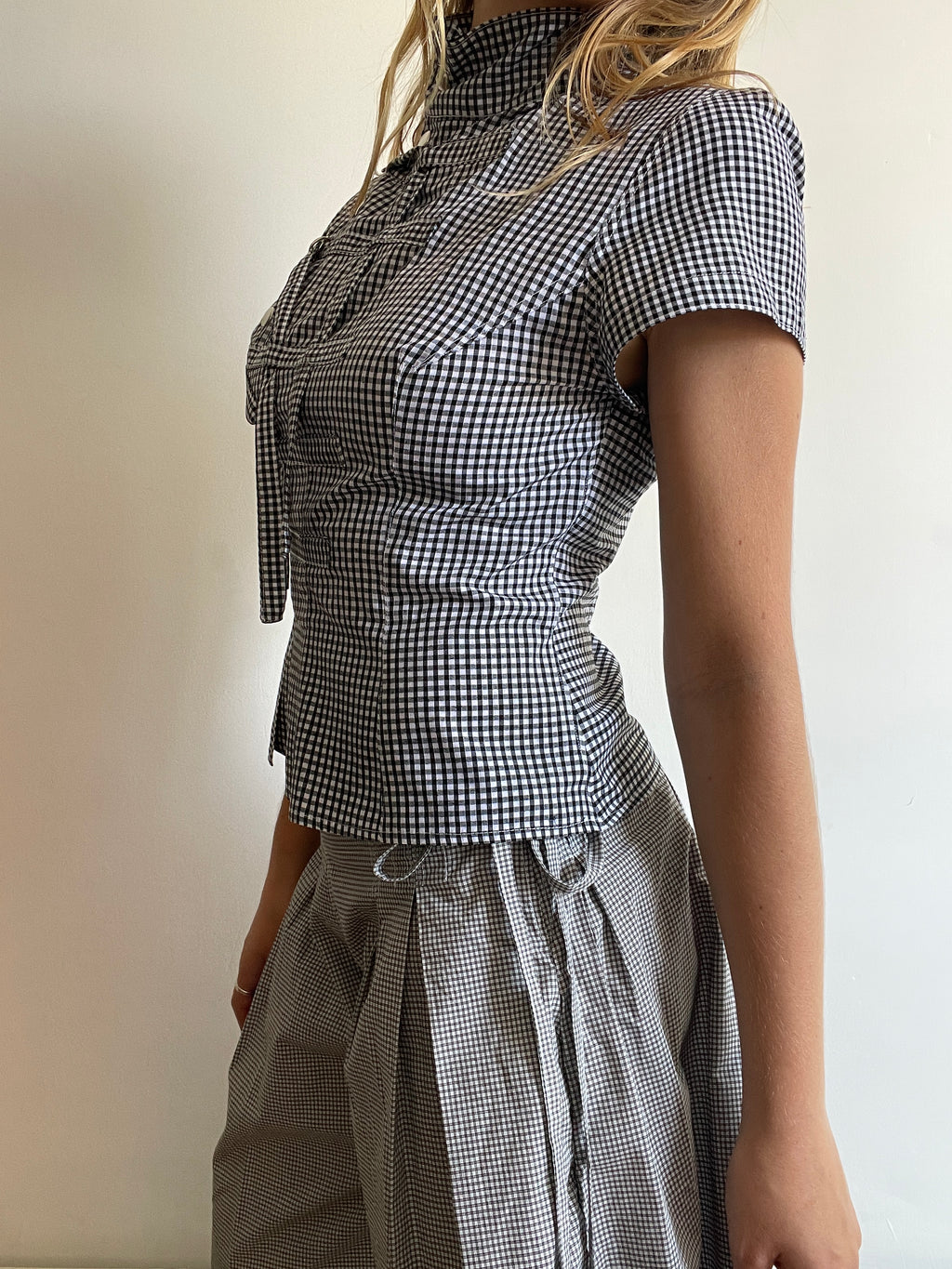 military style buckle asymetrical black gingham shirt