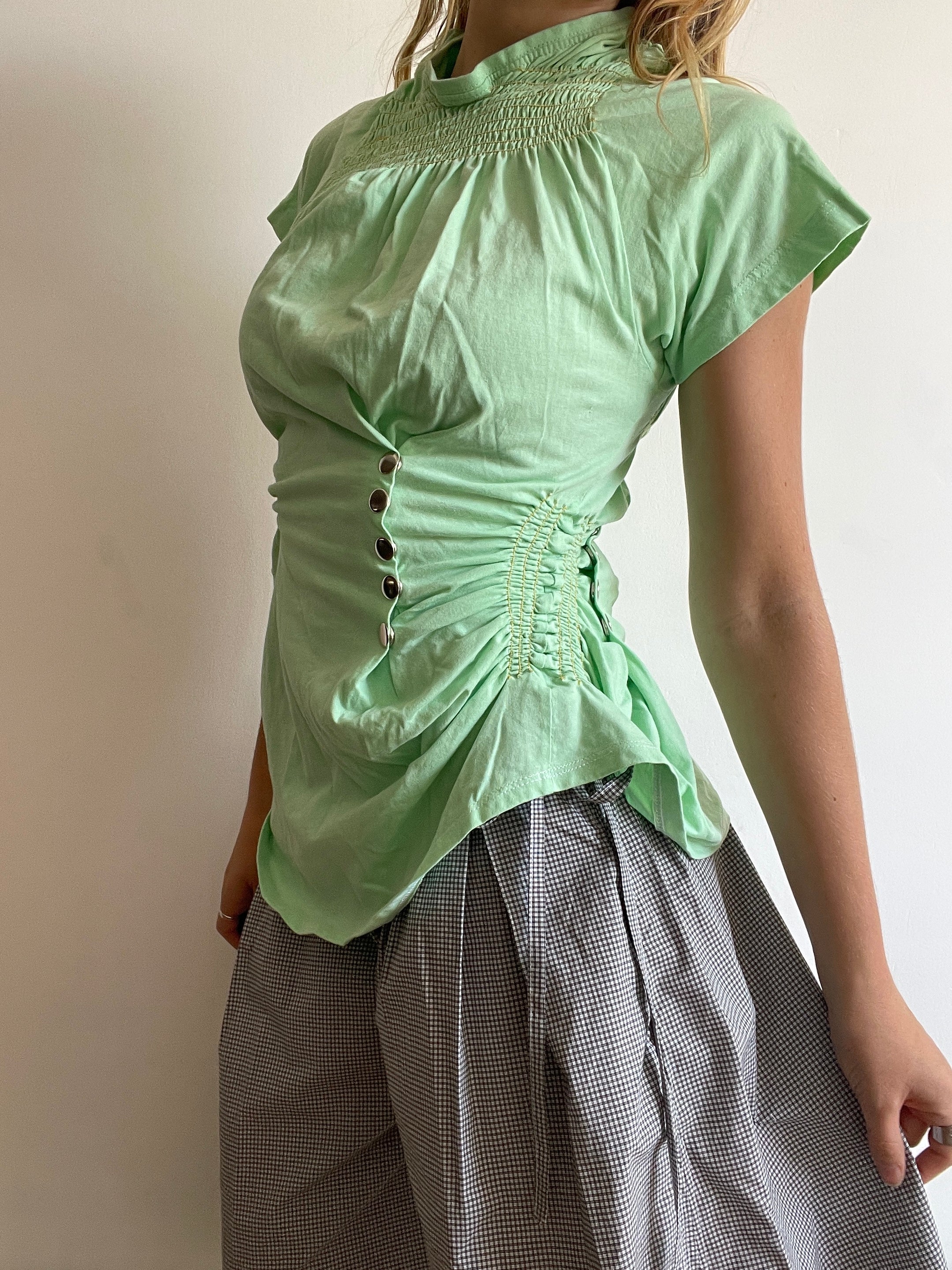 reworked mint green ruched snapper button slinky tee