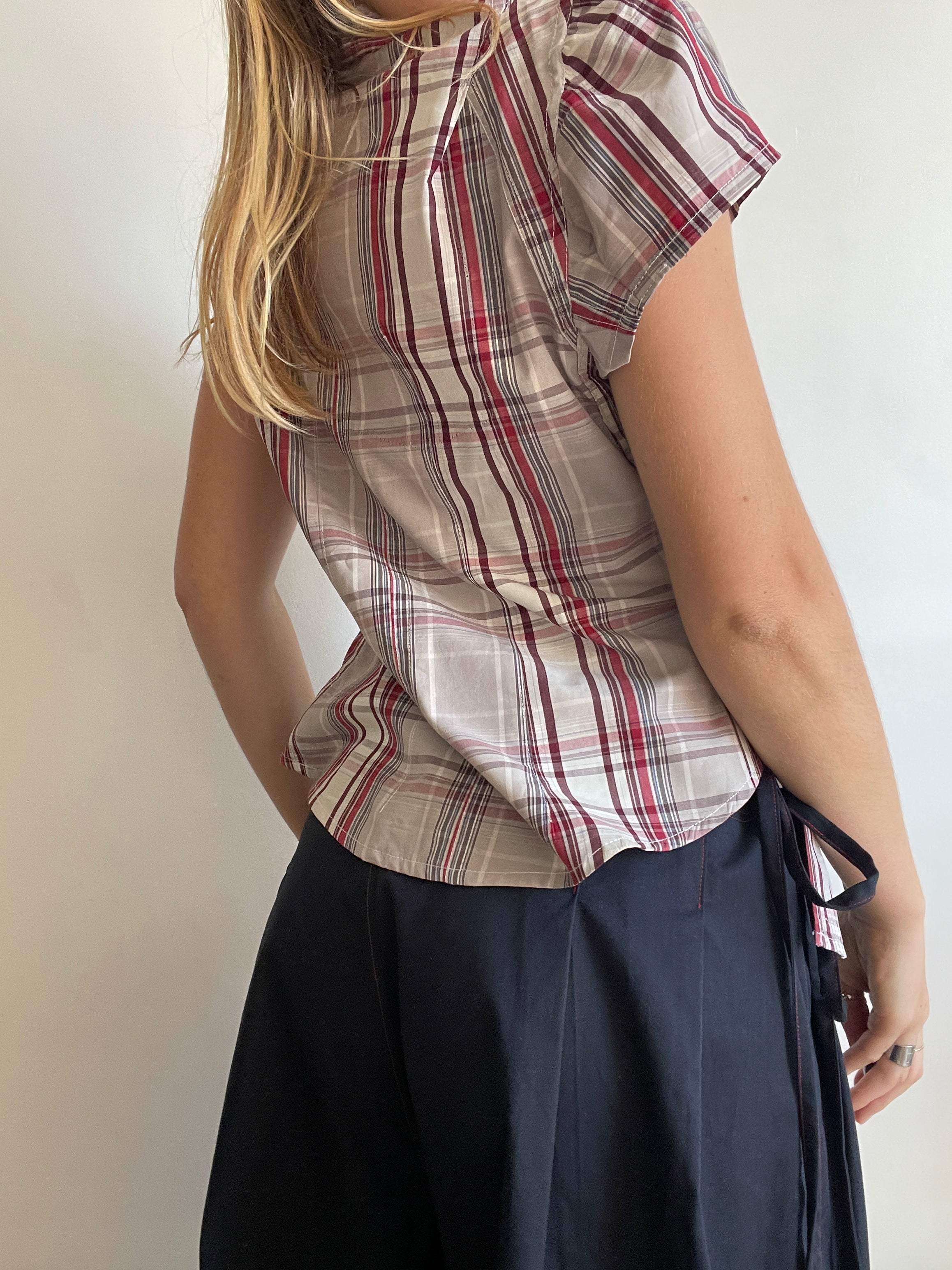 reworked asymetrical red beige checkered shirt