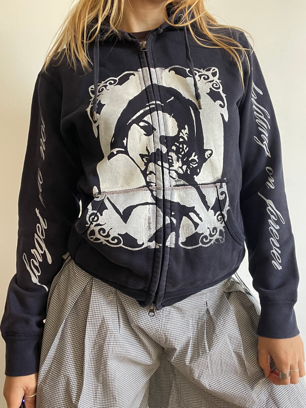 screen printed navy cat girl double zip slim fit hoodie