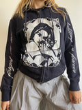 screen printed navy cat girl double zip slim fit hoodie