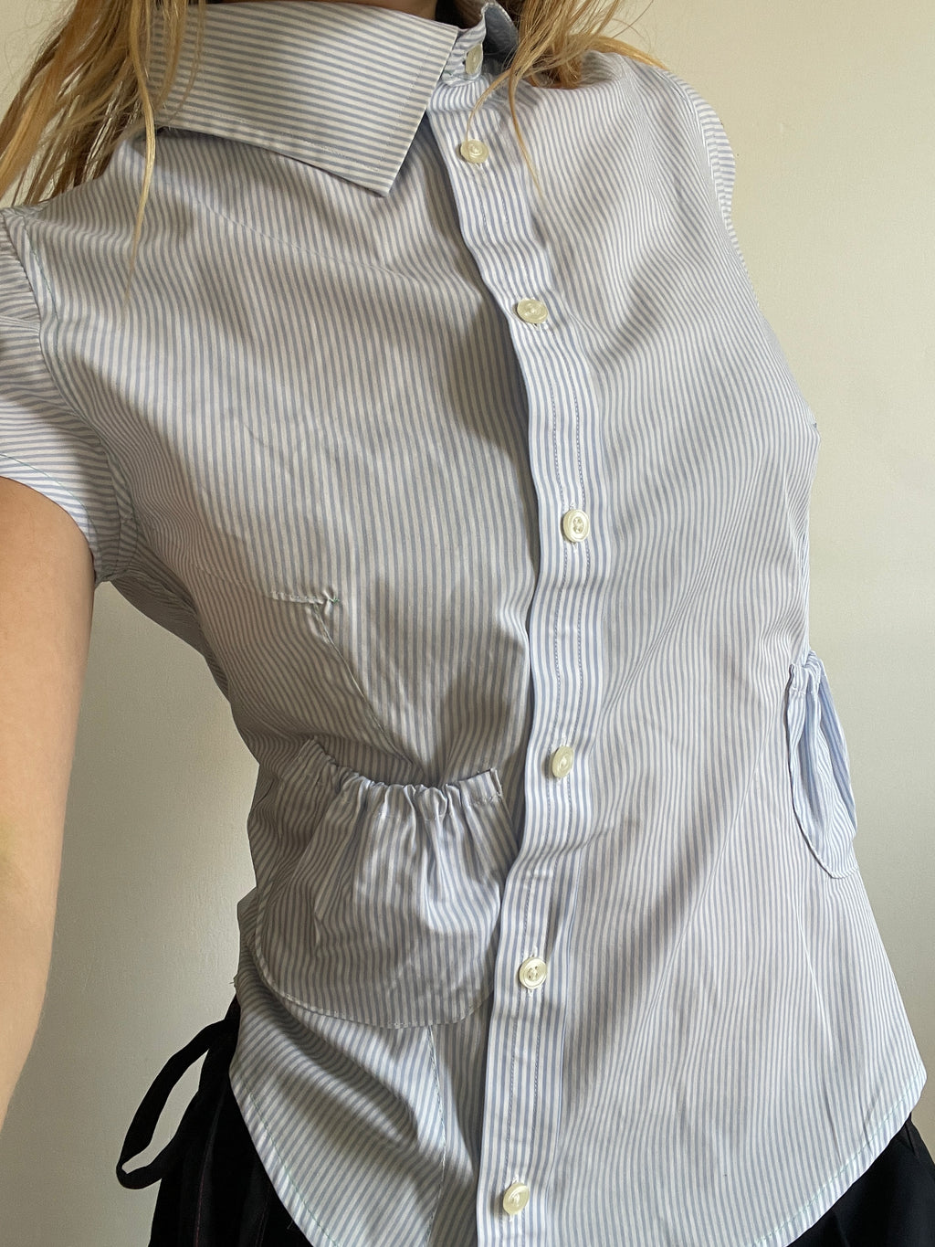 reworked asymetrical baby blue pinstripe pocket collar shirt