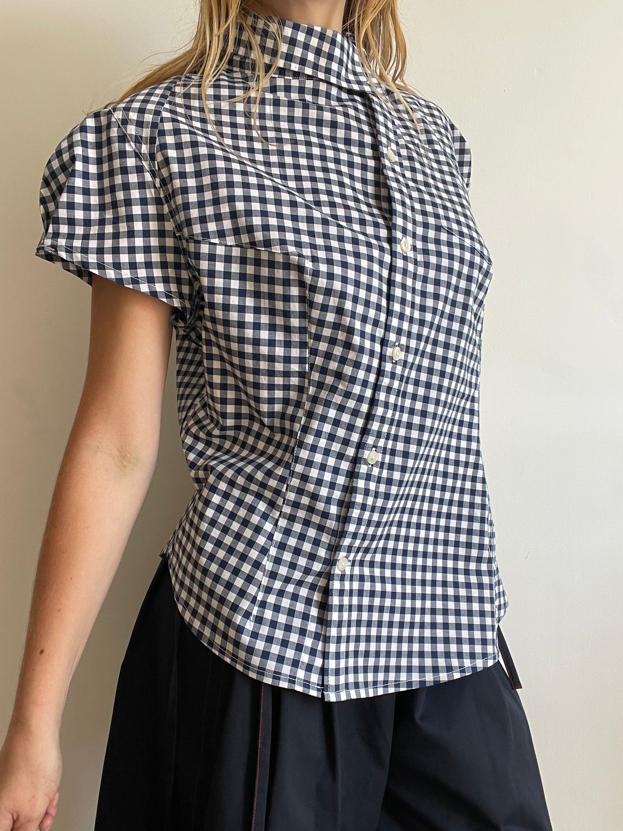 reworked asymetrical blue gingham fitted shirt