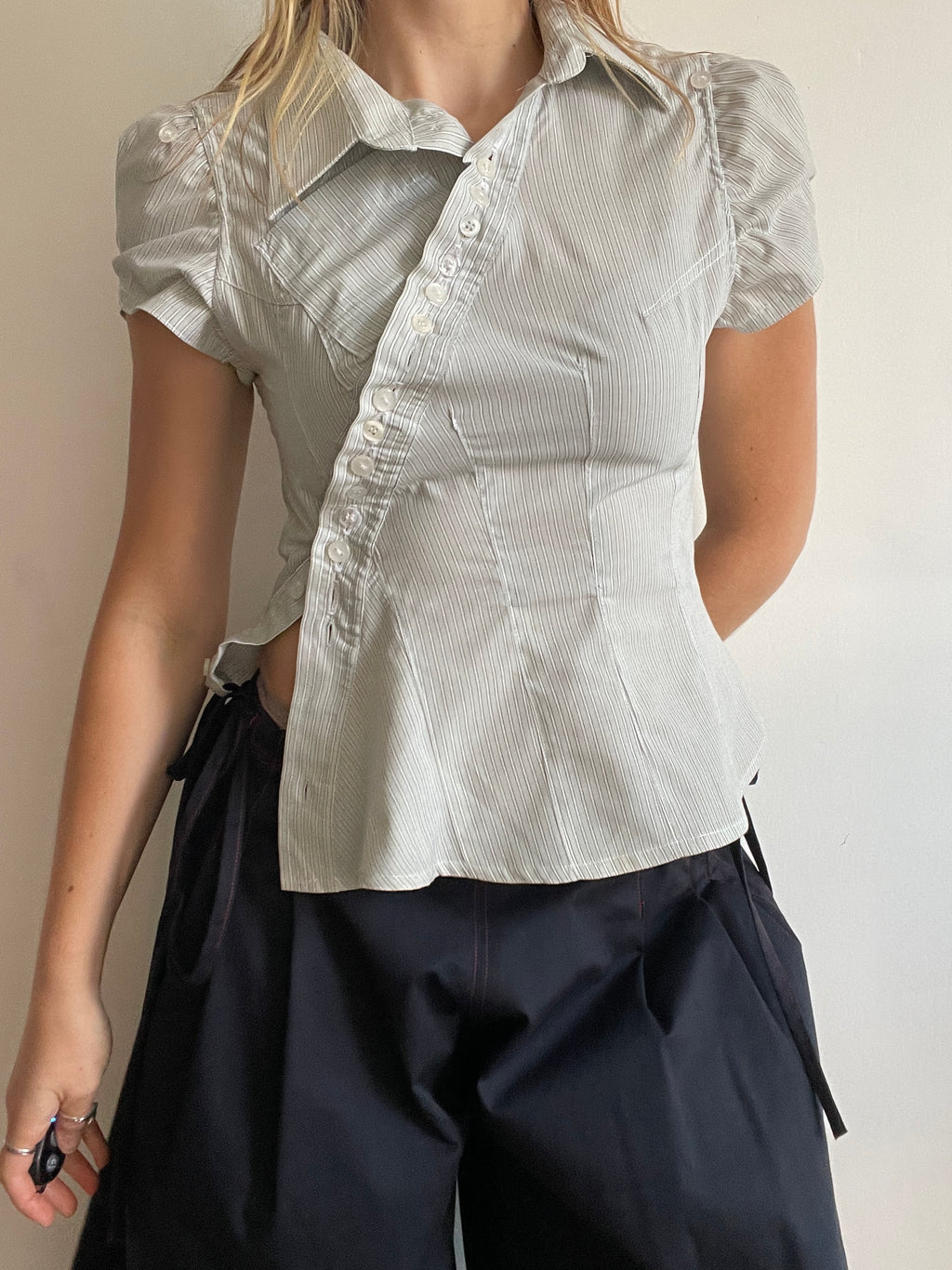 reworked asymmetrical wiggle button blouse
