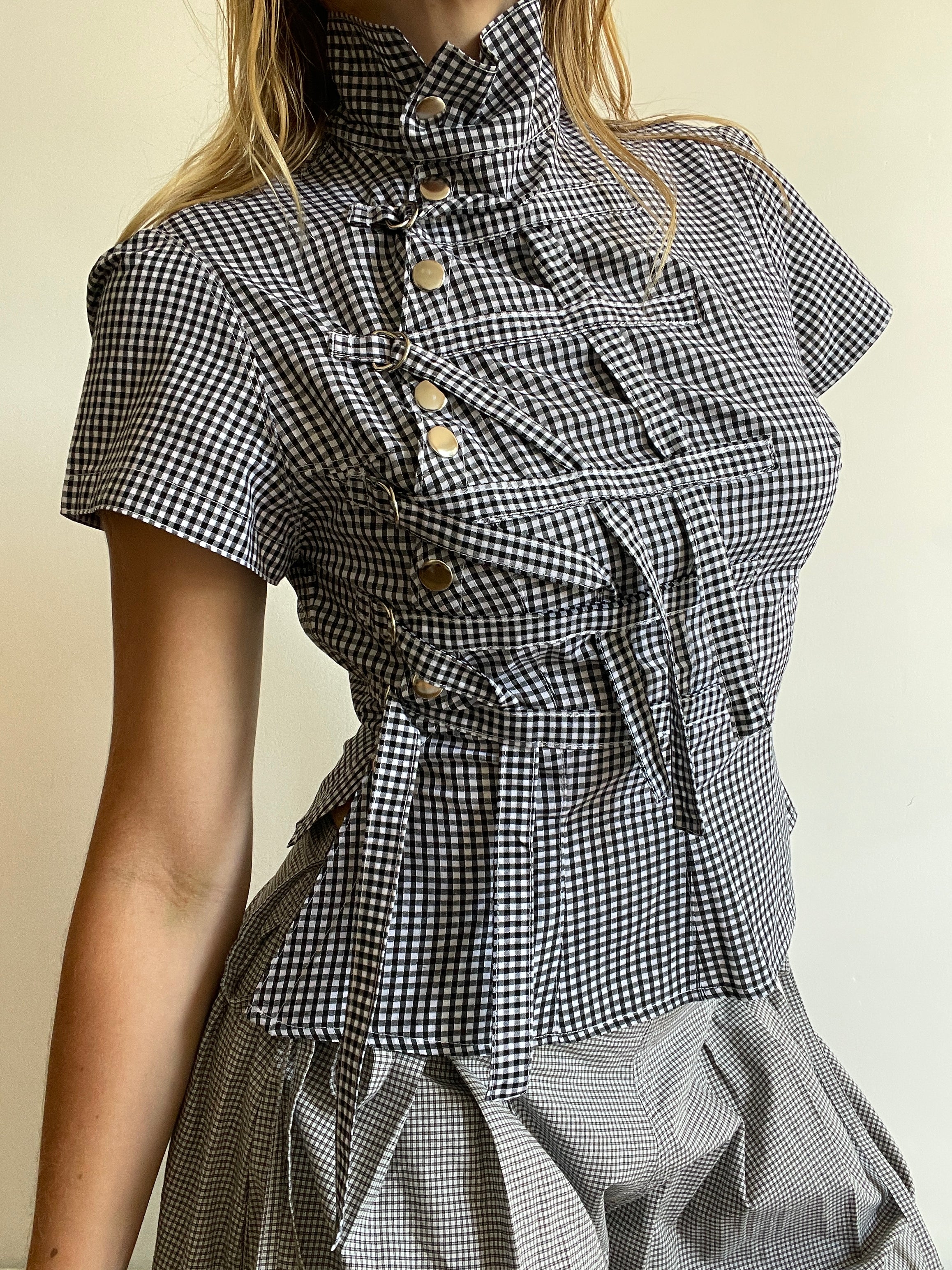 military style buckle asymetrical black gingham shirt