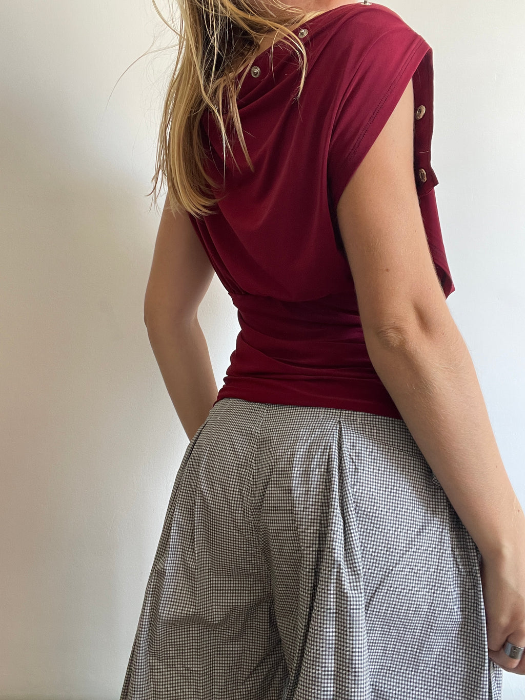 handmade wine red silver popper off shoulder multiwear top