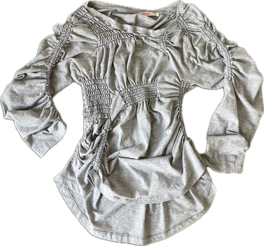reworked 3/4 sleeve ruched slinky grey t shirt