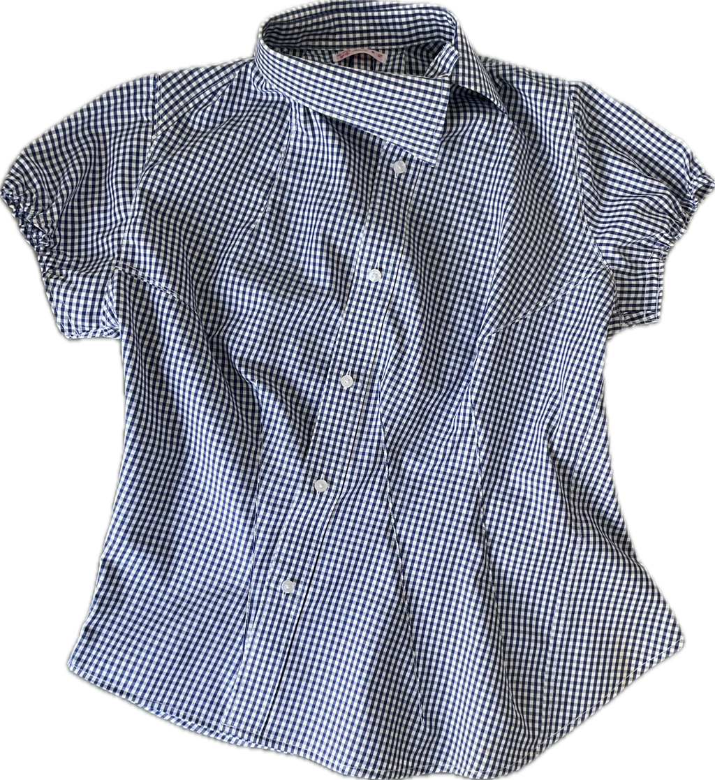 reworked asymetrical blue white gingham button up shirt