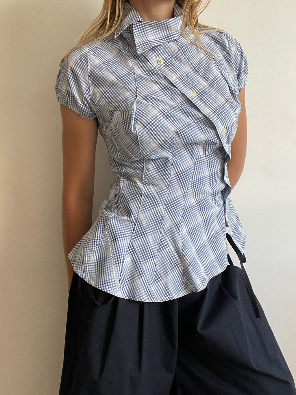 reworked blue check puff sleeve asymetrical shirt