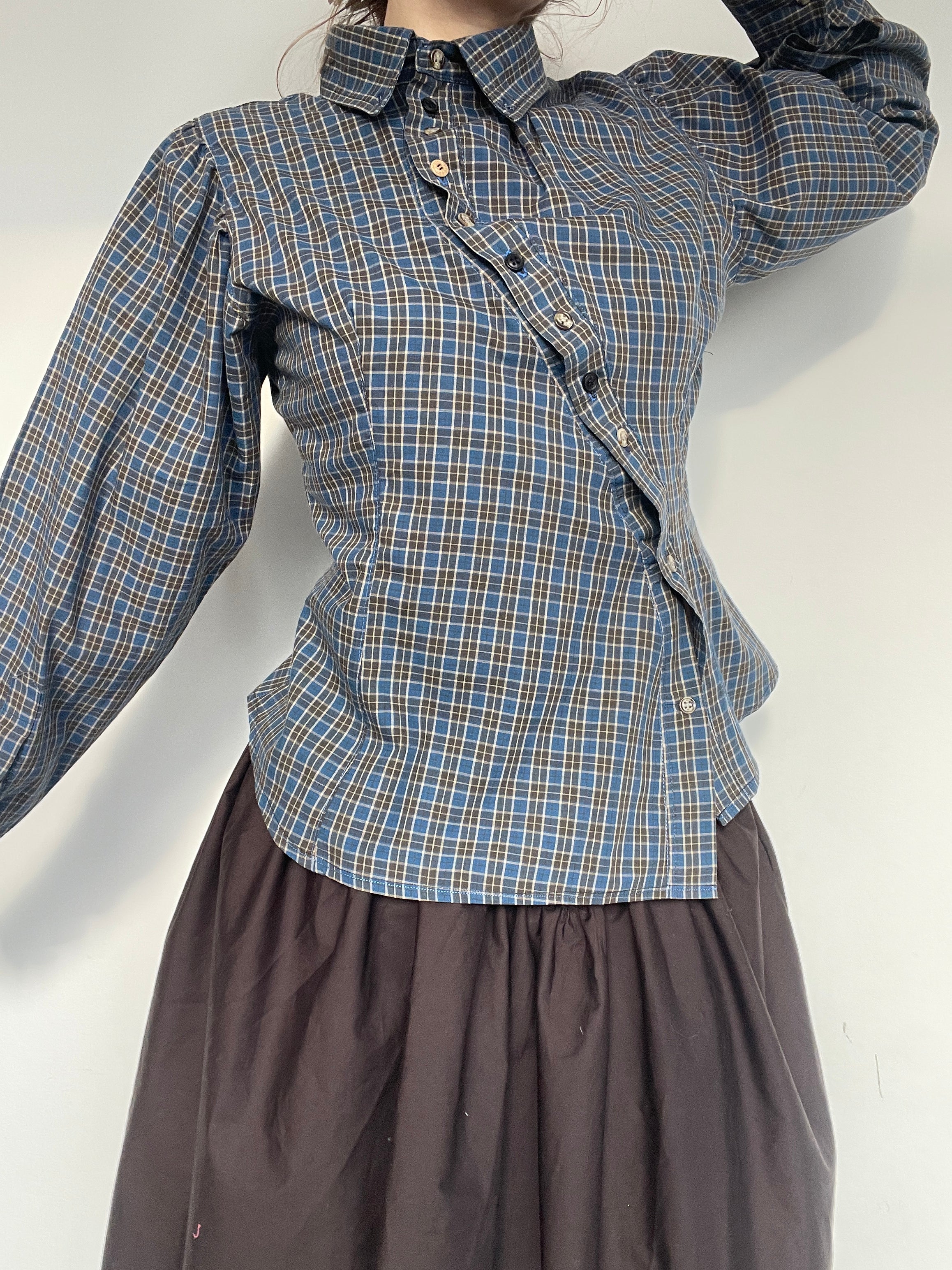 reworked asymetrical button up blue plaid long sleeve shirt