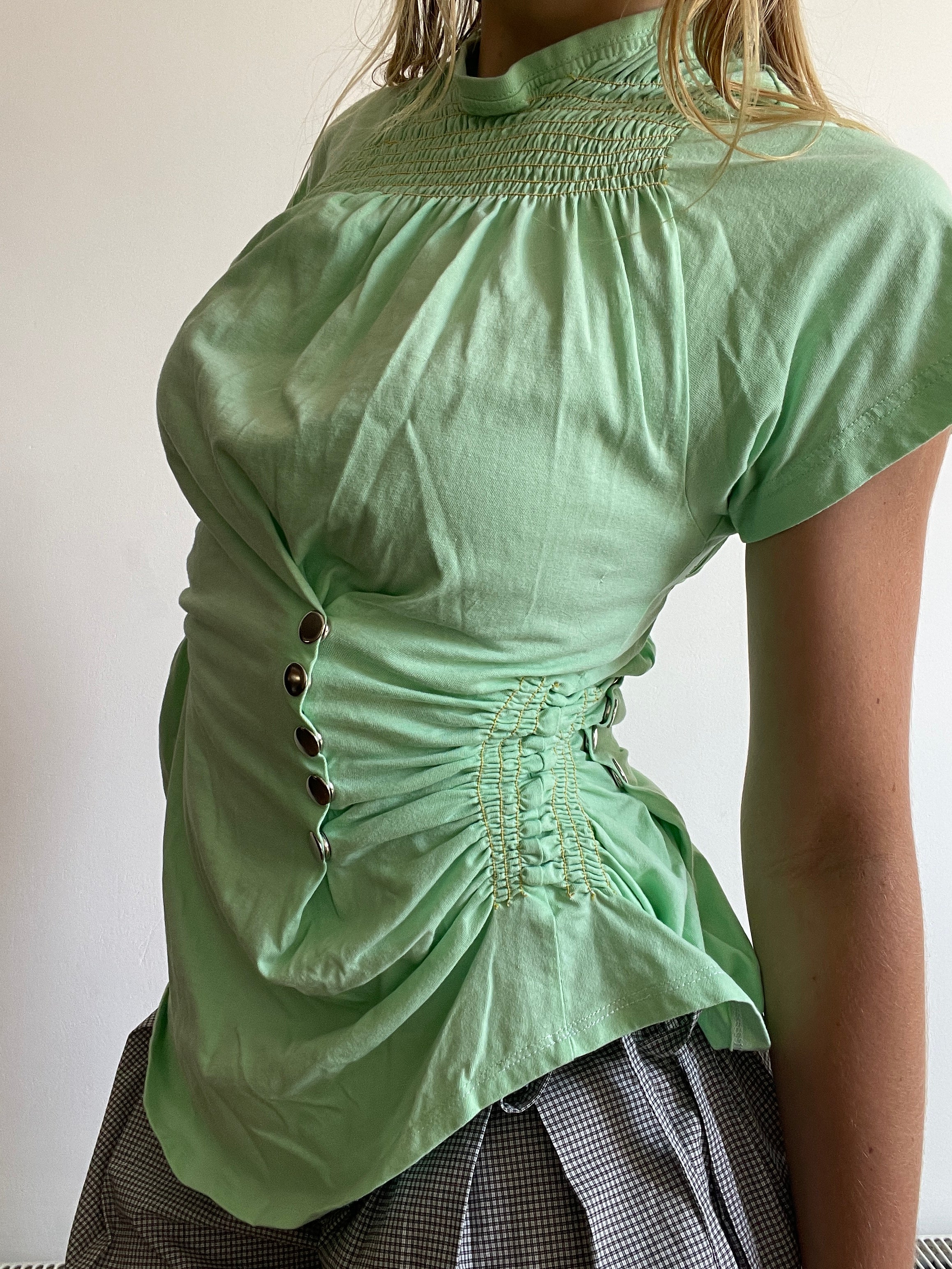 reworked mint green ruched snapper button slinky tee