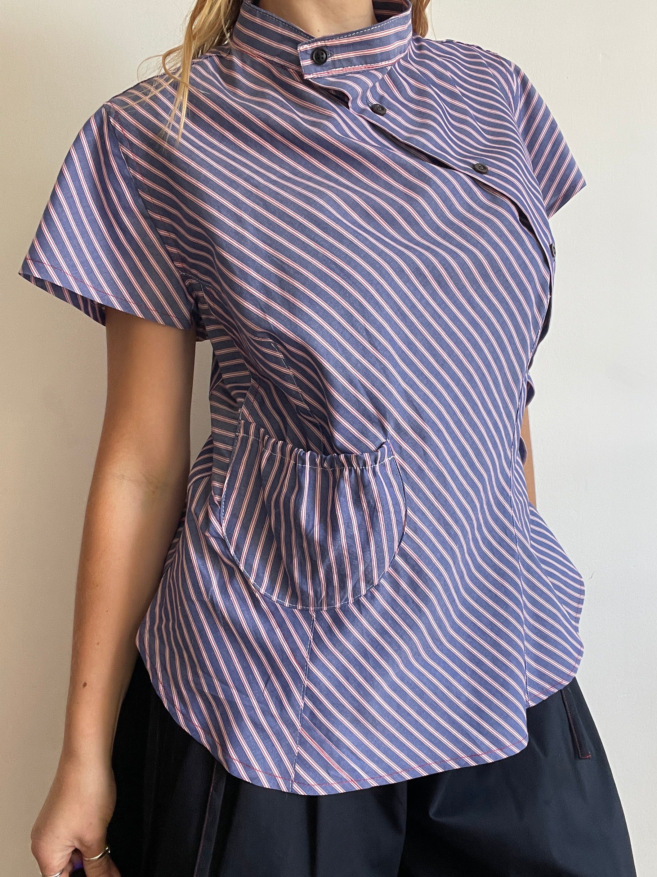 reworked striped pocket button up asymetrical shirt