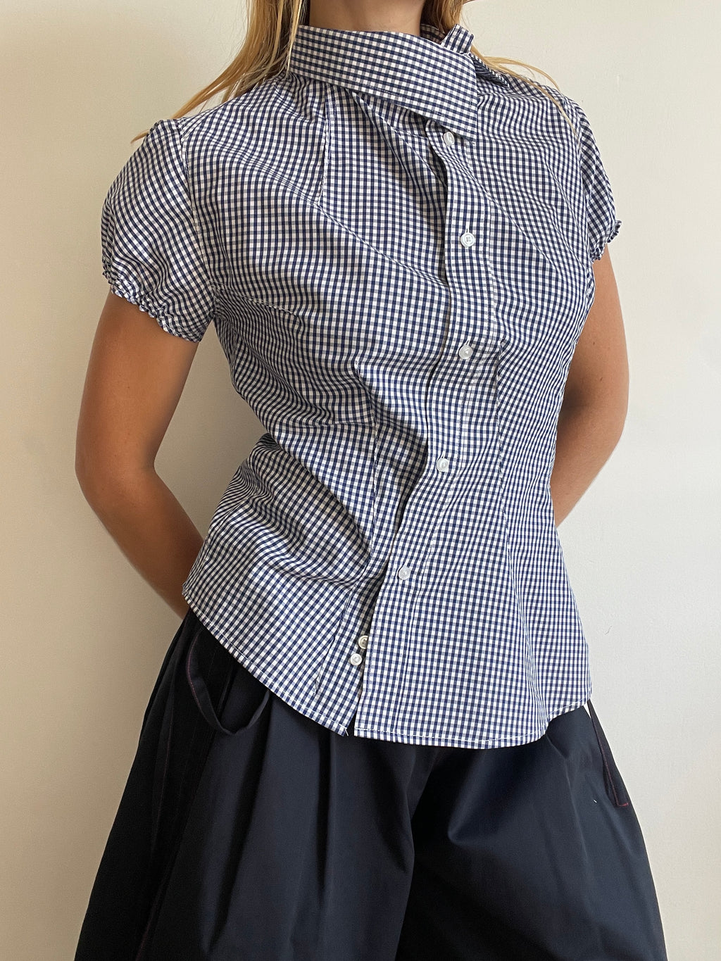 reworked asymetrical blue white gingham button up shirt