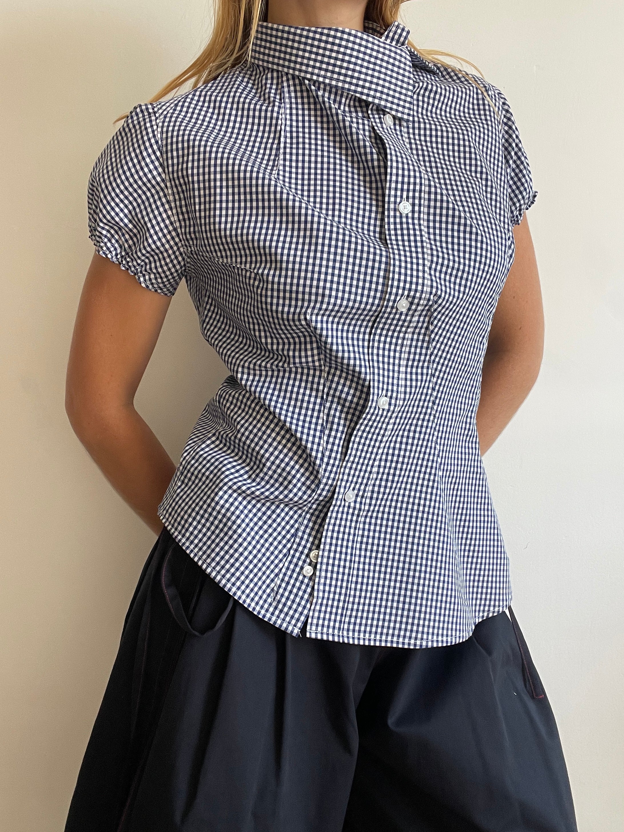 reworked asymetrical blue white gingham button up shirt