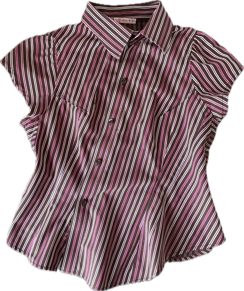 reworked asymetrical button up striped fitted shirt