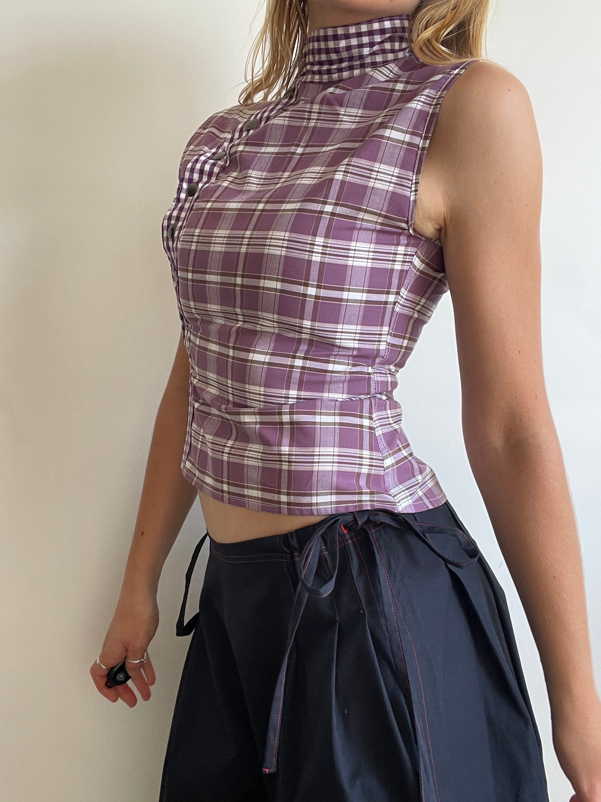 handmade purple tartan silver button up tank top