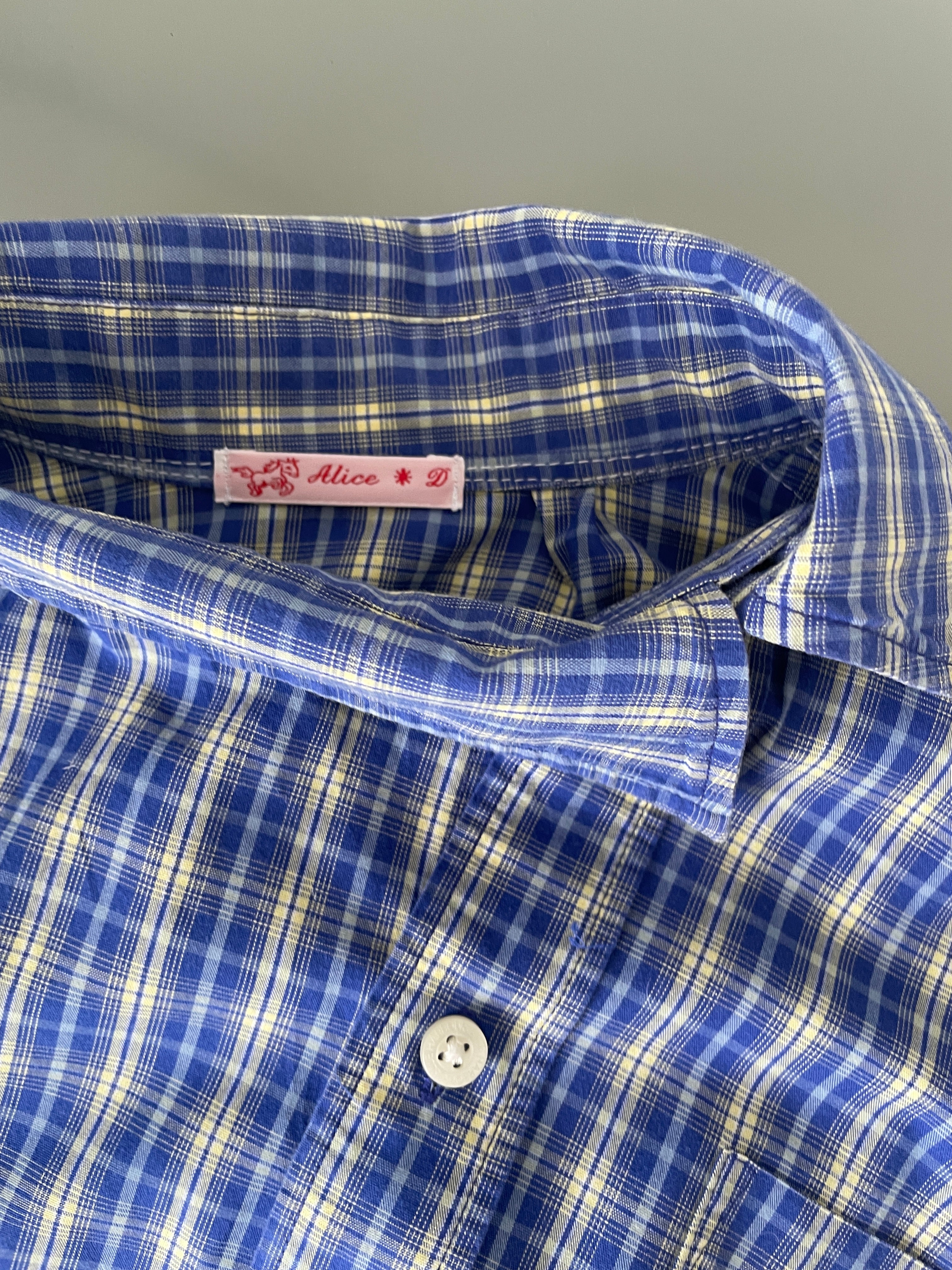 reworked blue yellow tartan asymetrical fitted shirt