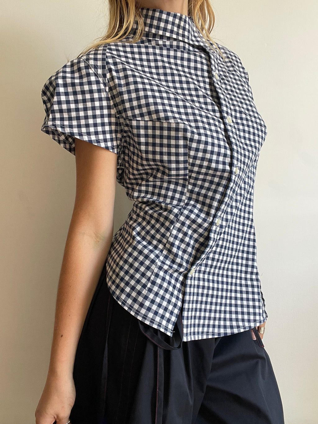 reworked asymetrical blue gingham fitted shirt