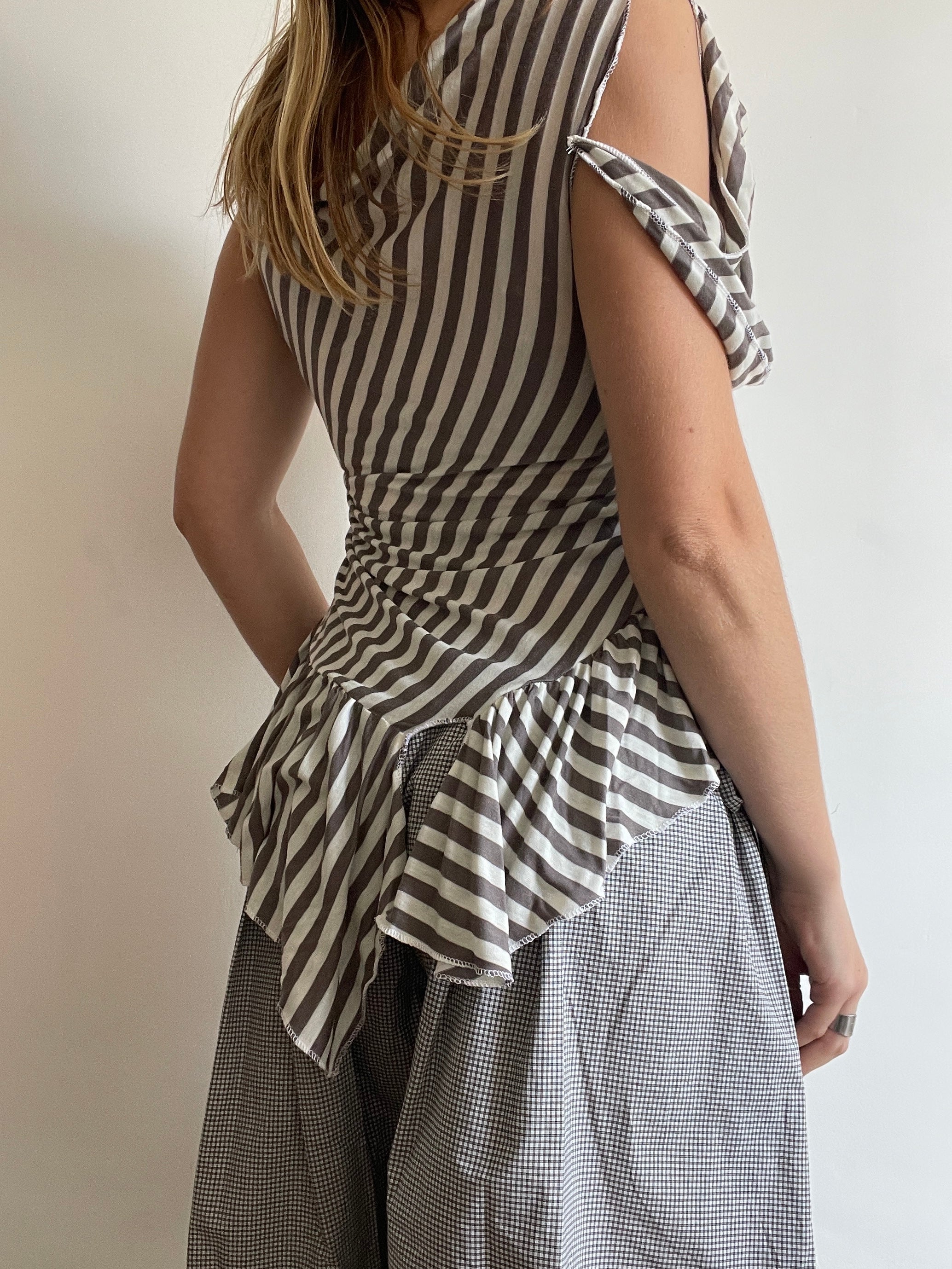 handmade asymmetrical pixie striped off the shoulder long fitted tunic top