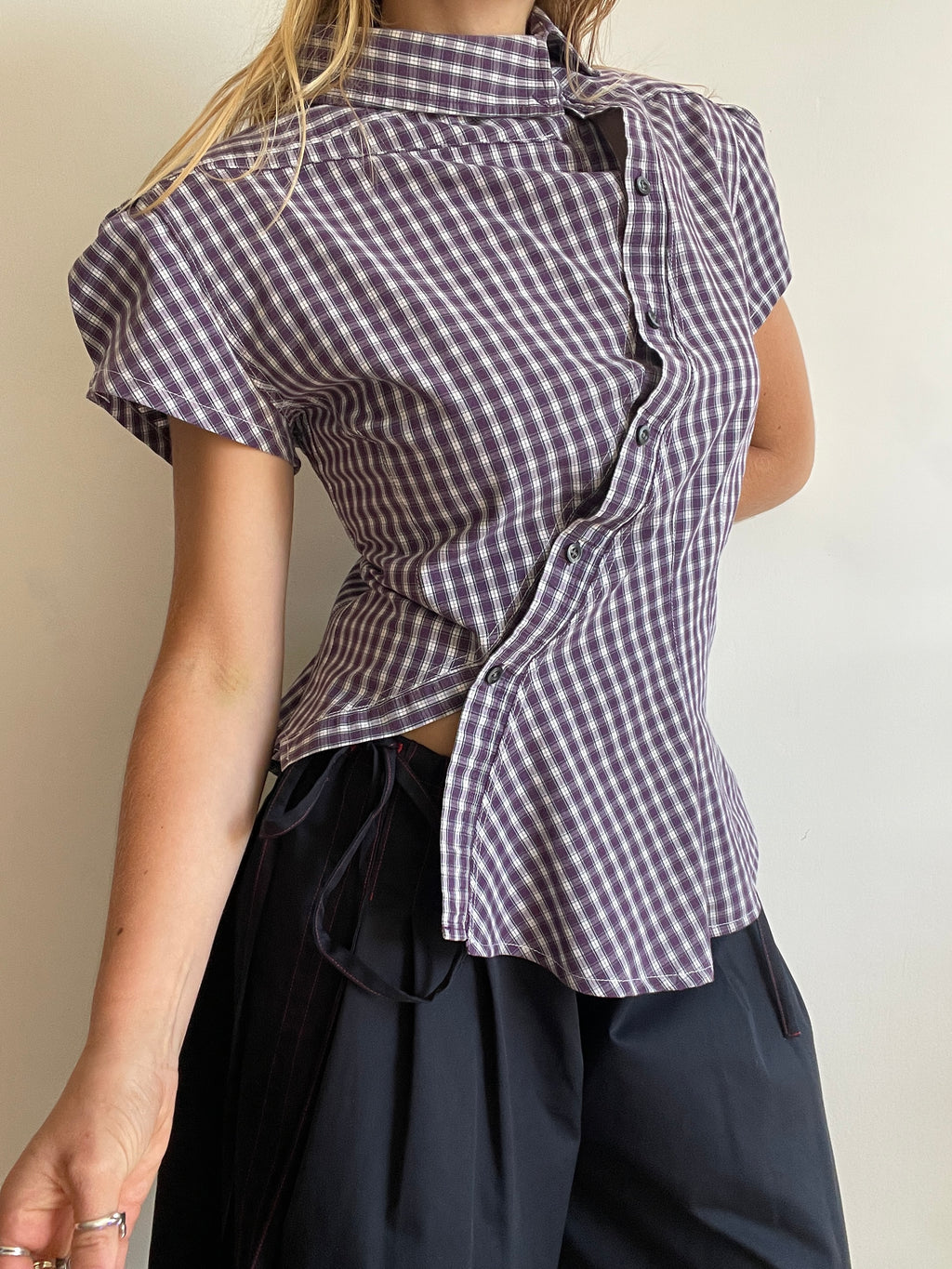 reworked asymetrical purple check shirt