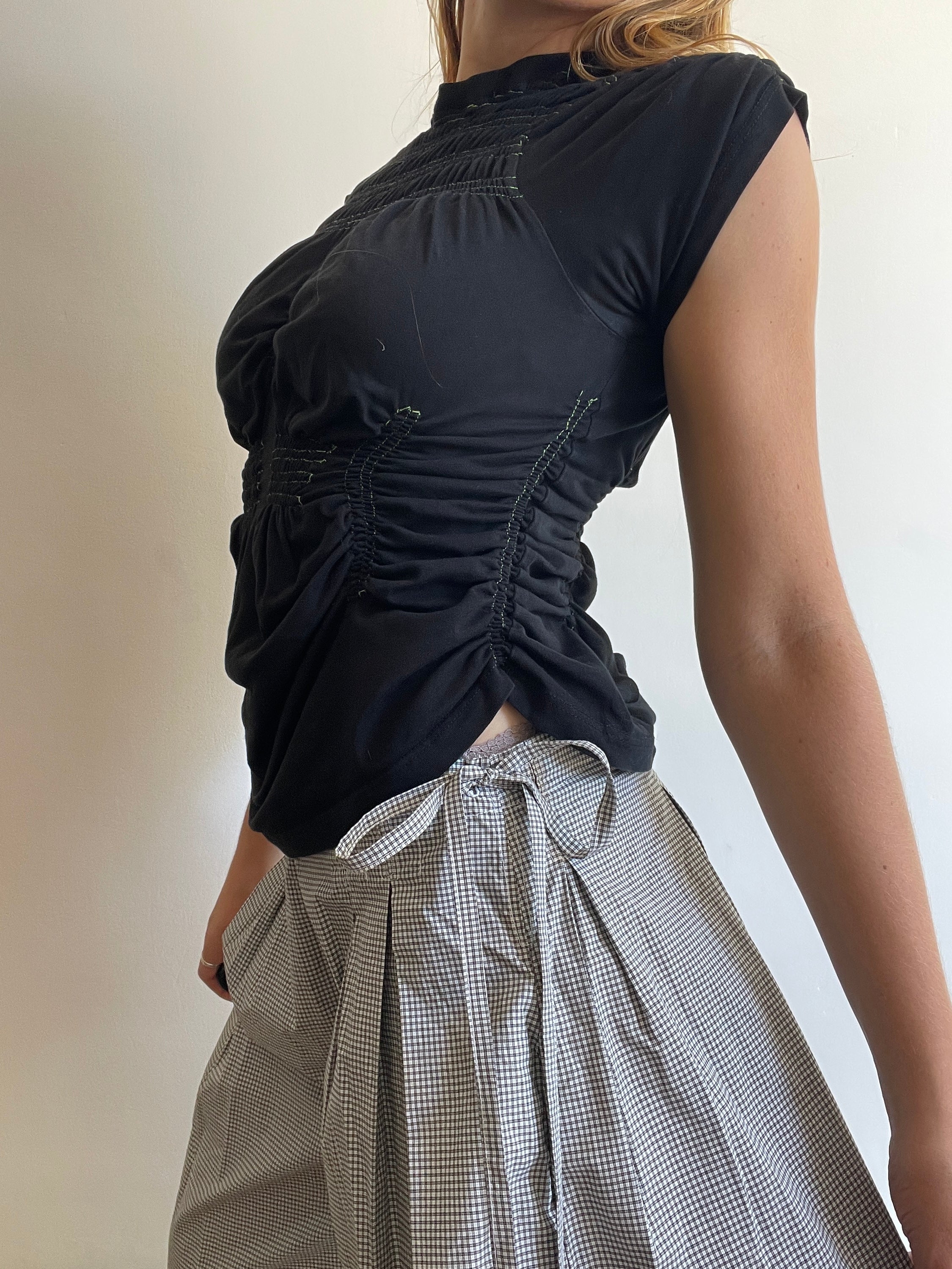 reworked black contrast stitch ruched slinky t shirt