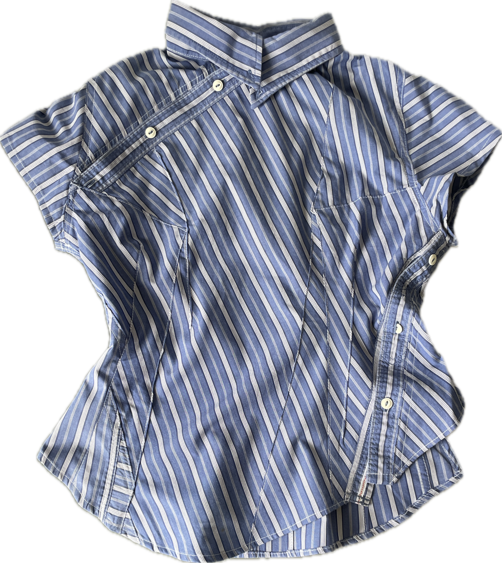 reworked striped double button up asymetrical fitted shirt