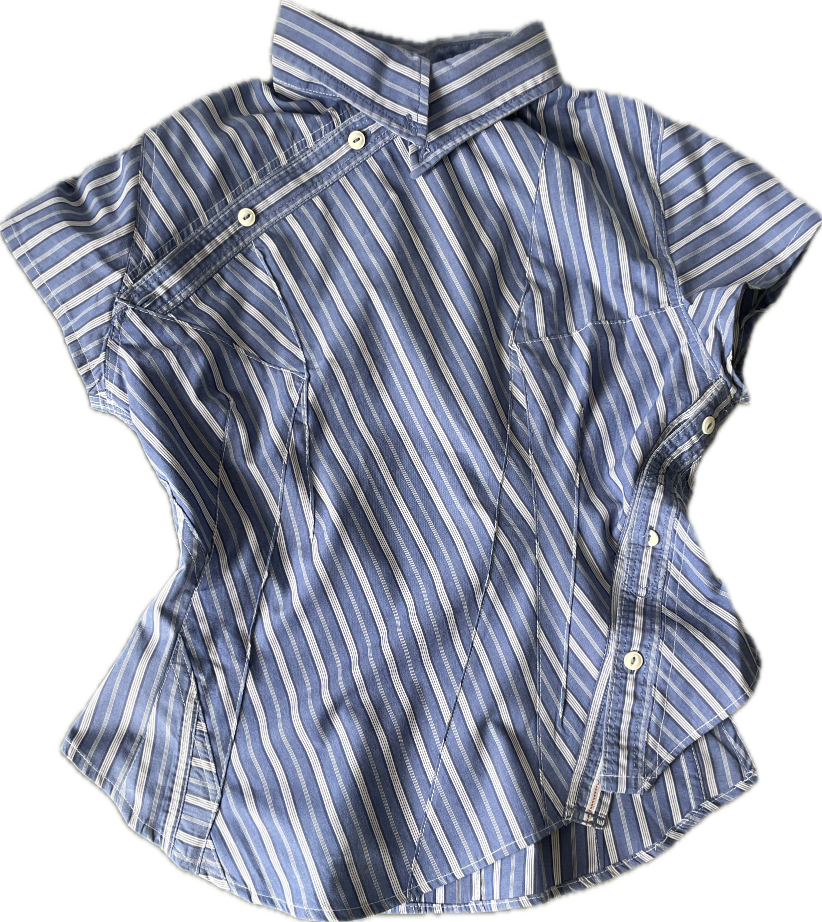 reworked striped double button up asymetrical fitted shirt
