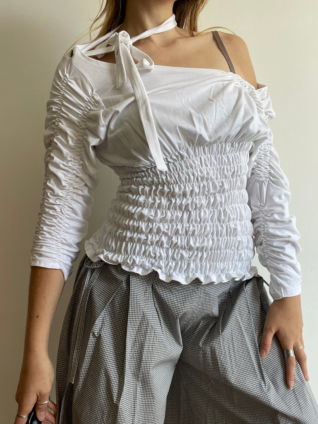 handmade ruched bubble off the shoulder top with neck tie