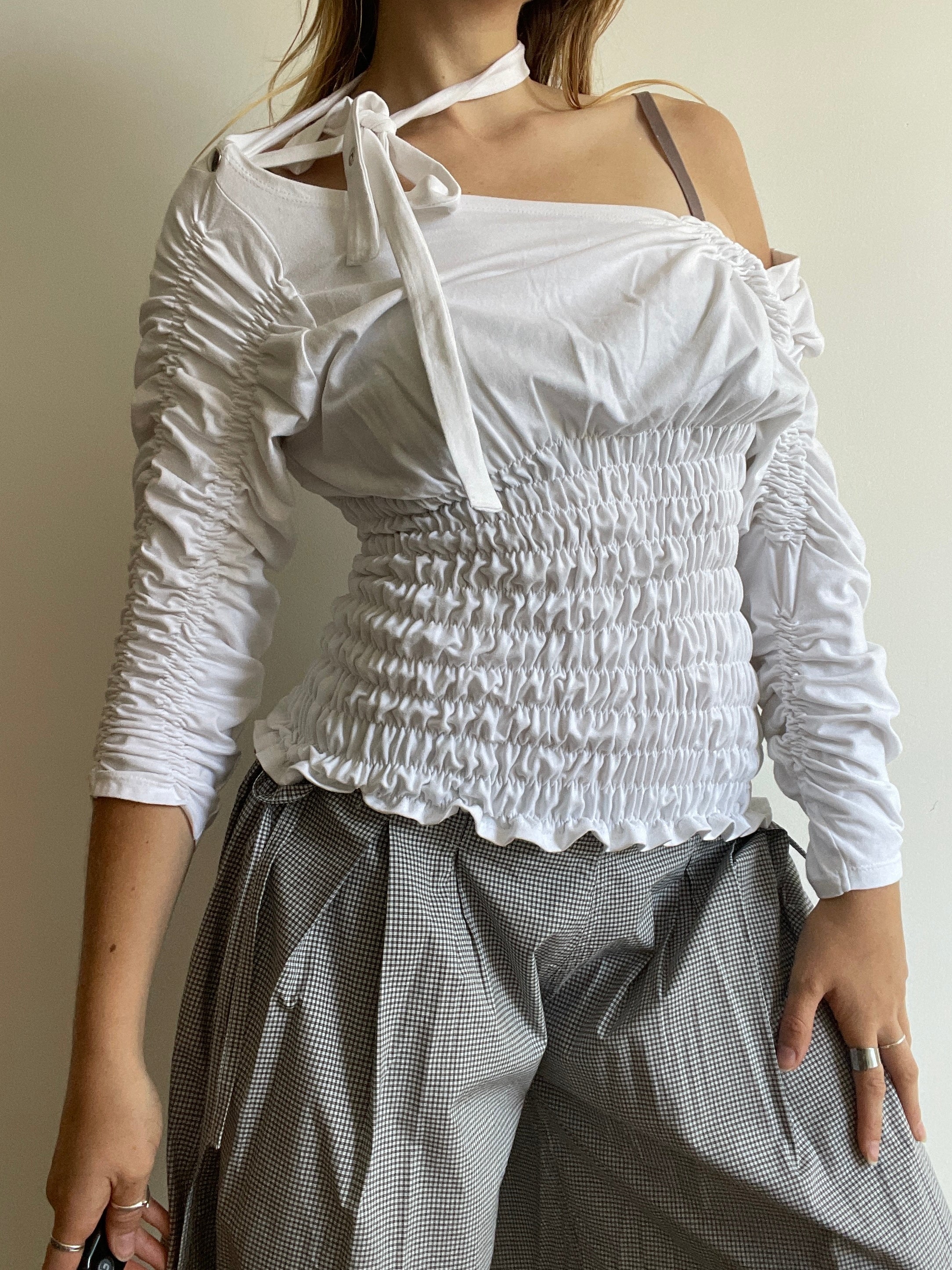 handmade ruched bubble off the shoulder top with neck tie